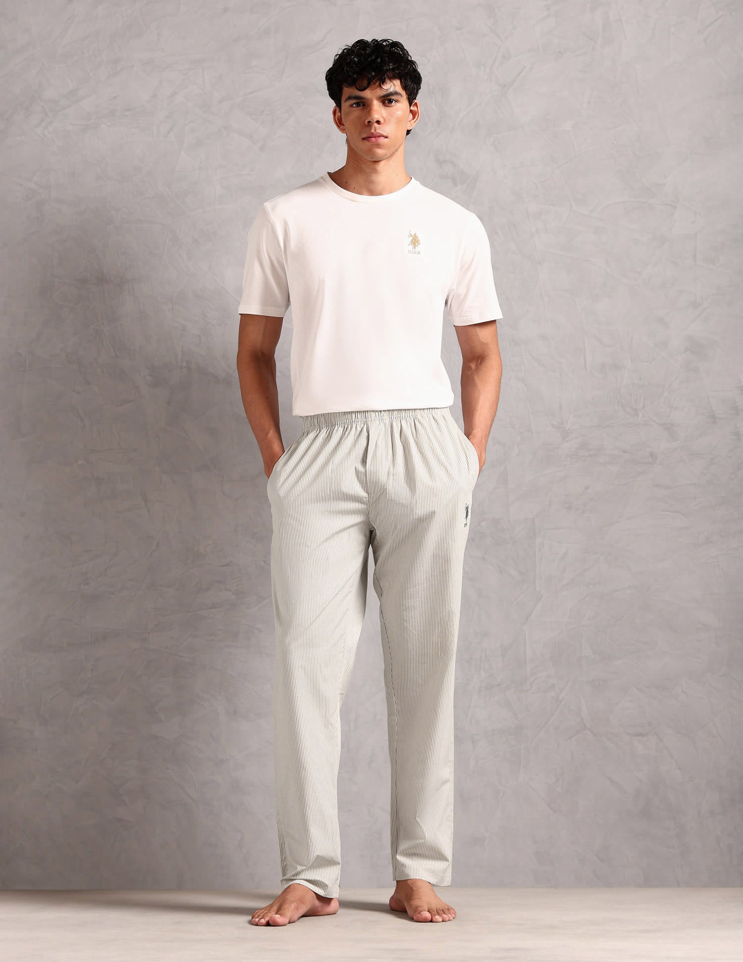 Pure Cotton Striped LP004 Lounge Pants - Pack Of 1 White and Greengrey - U.S. Polo Assn. India | Large