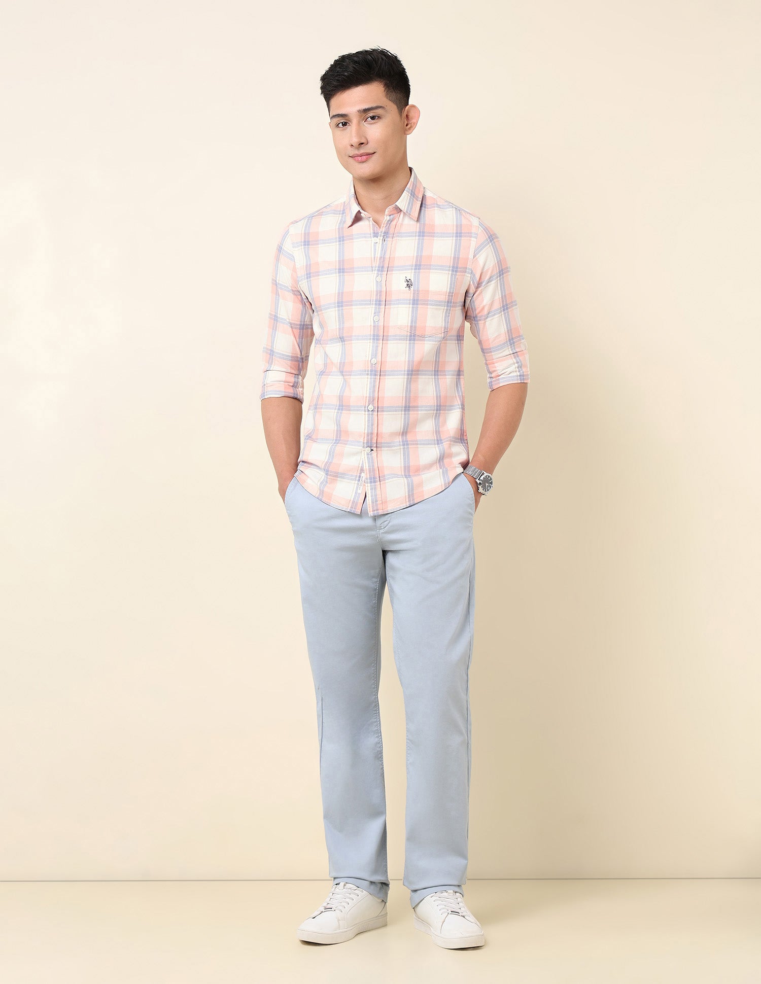 Pure Cotton Tartan Checked Shirt Peach - U.S. Polo Assn. India | Large