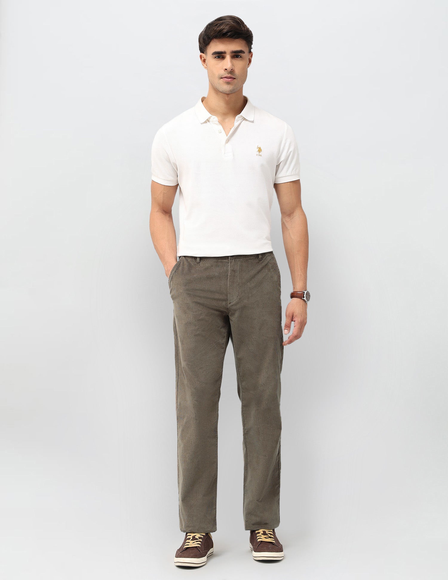 Riley Straight Fit Corduroy Trousers Light Olive - U.S. POLO ASSN. | Large