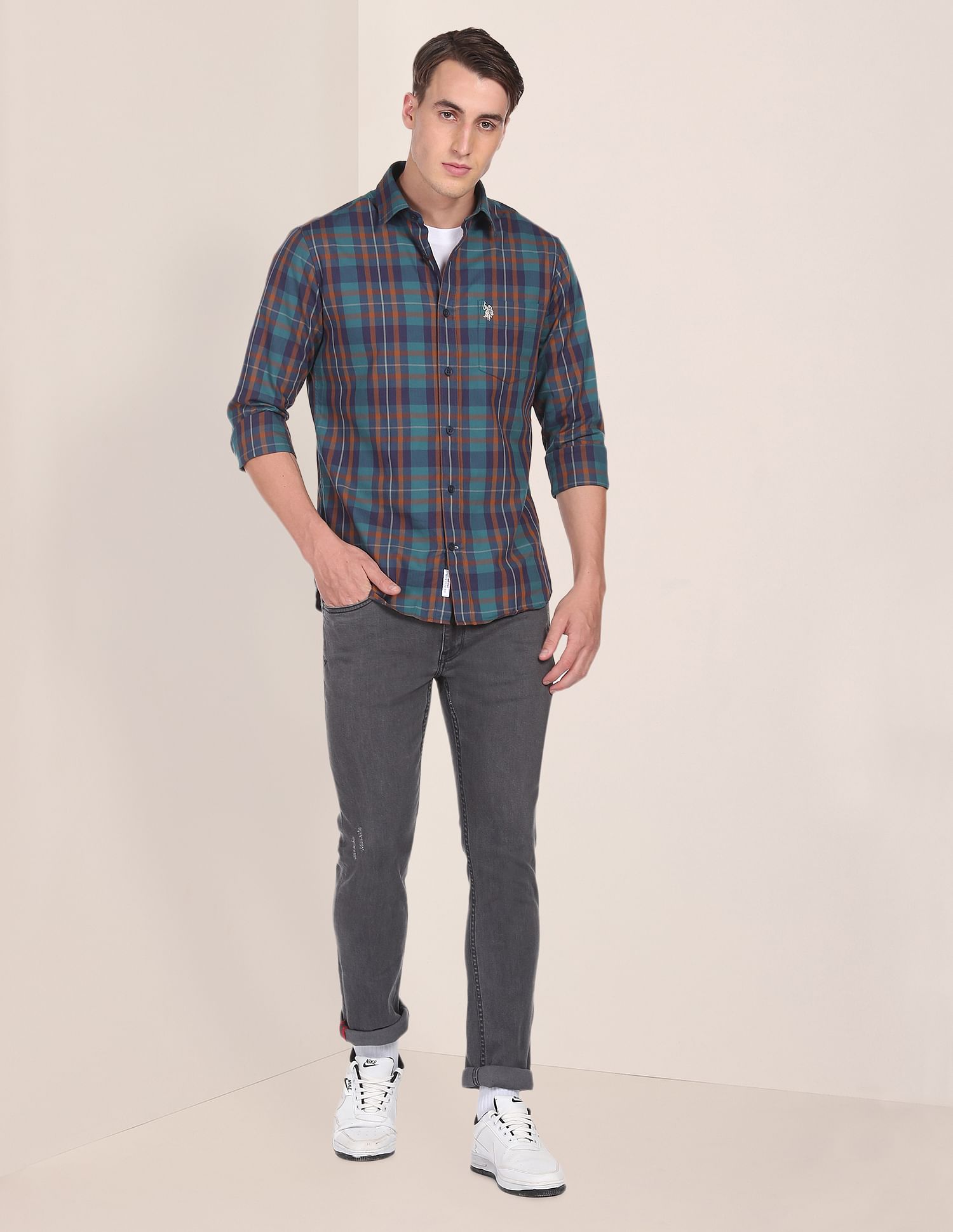 Men Teal Premium Cotton Madras Check Casual Shirt Teal - U.S. Polo Assn. India | Large