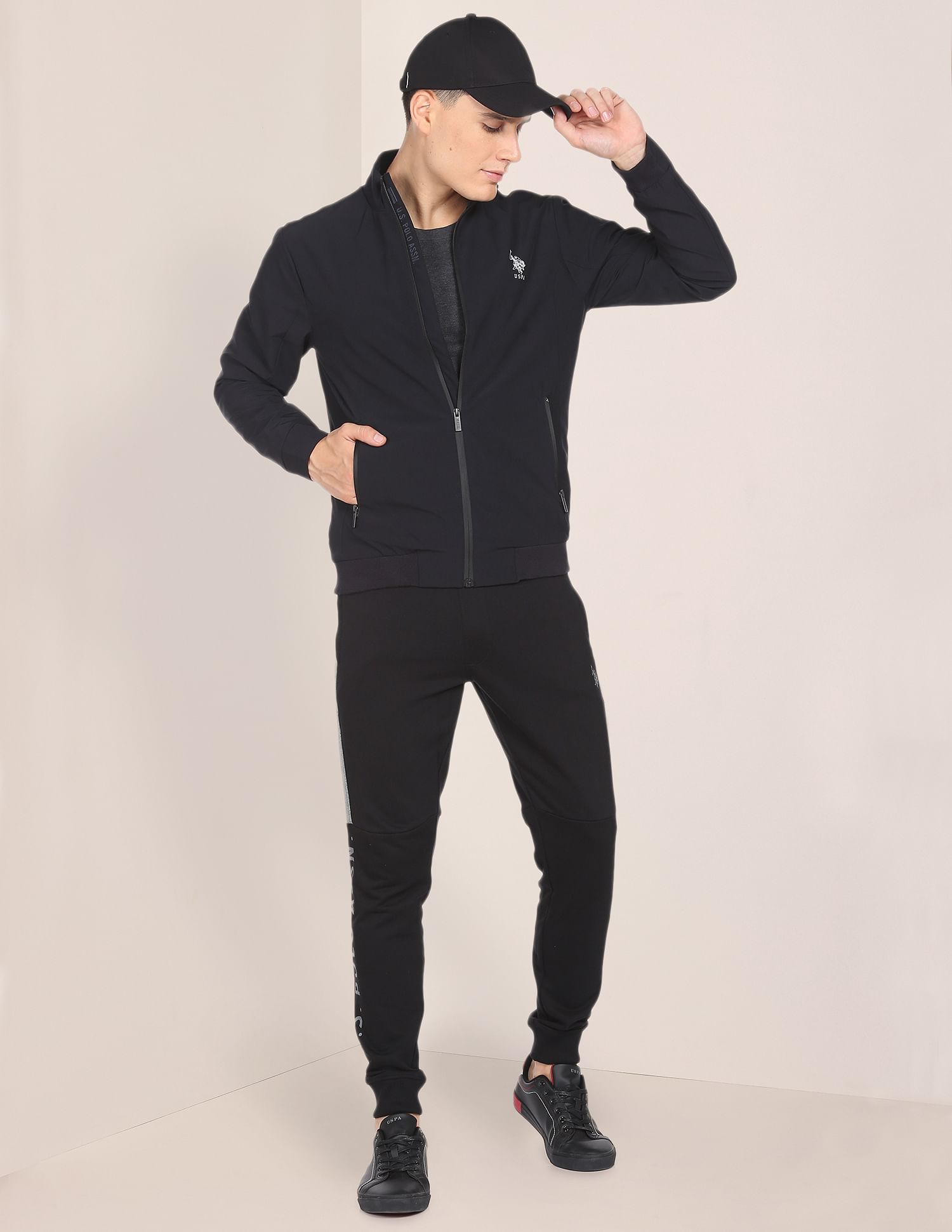 Men Black High Neck Solid Panelled Bomber Jacket Black - U.S. POLO ASSN. | Large