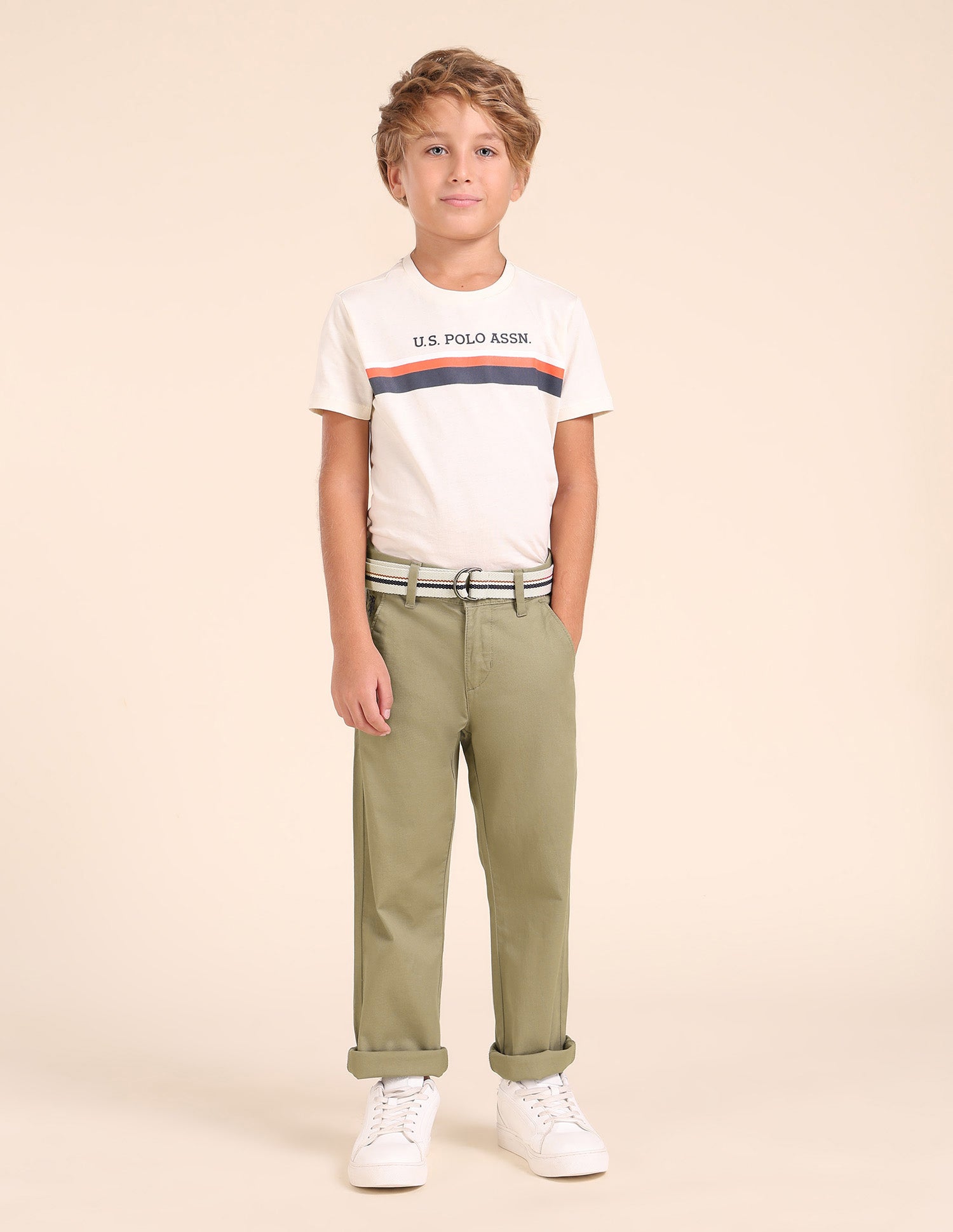 Boys Pure Cotton Slim Fit Trousers Dark Khaki - U.S. POLO ASSN. | Large