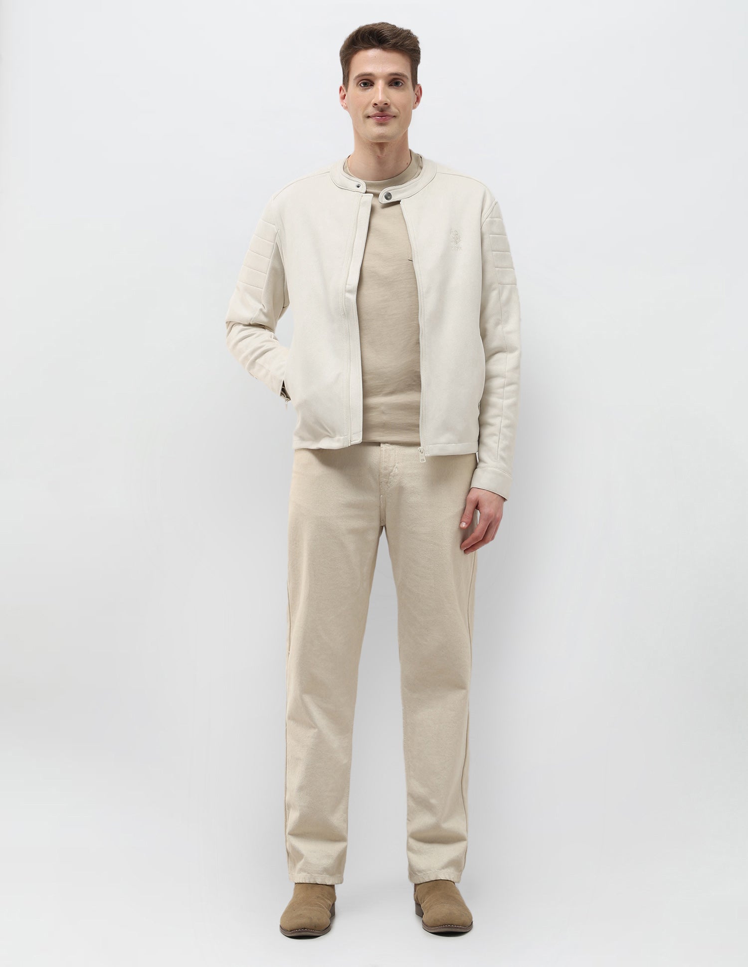 Solid Regular Fit Biker Jacket Ivory - U.S. Polo Assn. India | Large