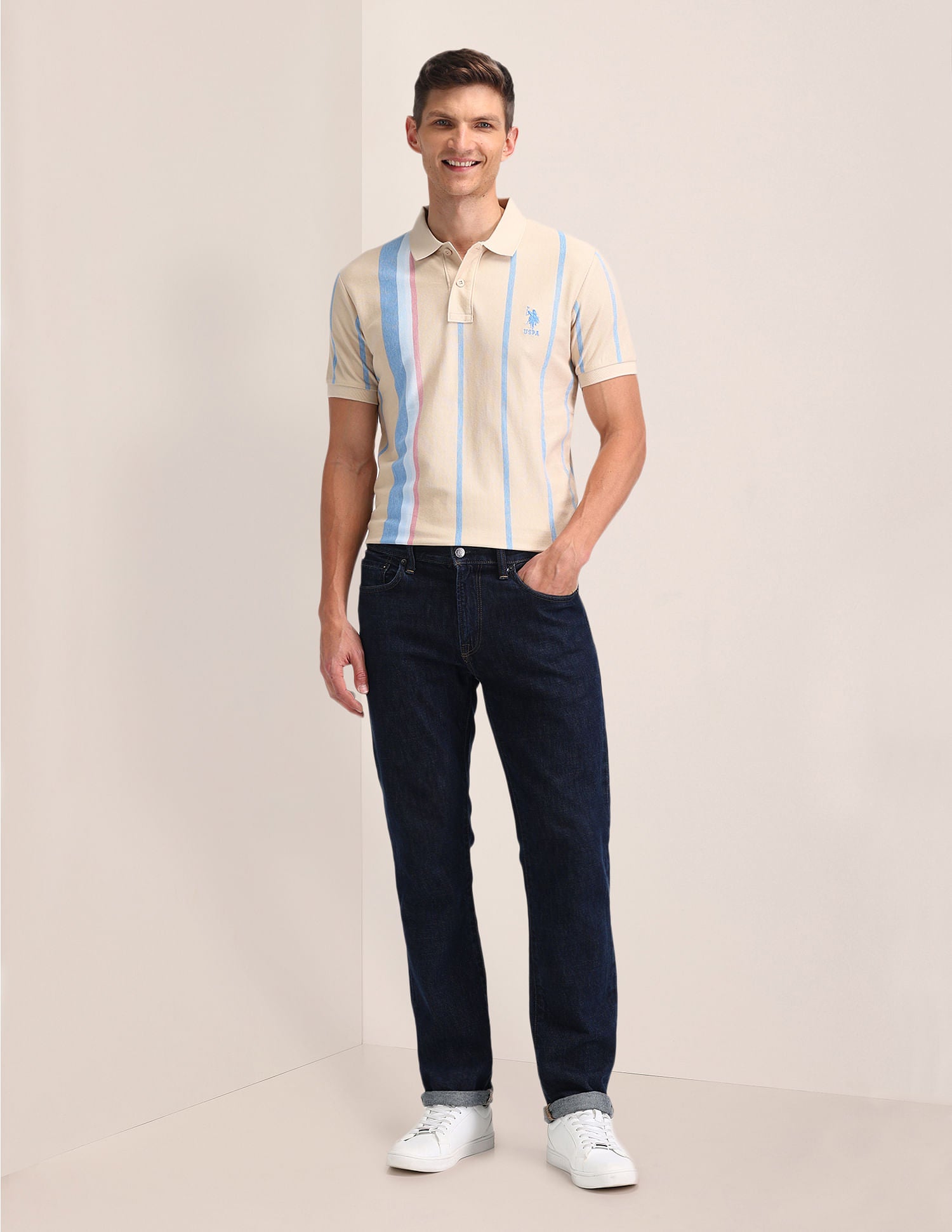 Slim Fit Striped Polo Shirt Beige - U.S. Polo Assn. India | Large