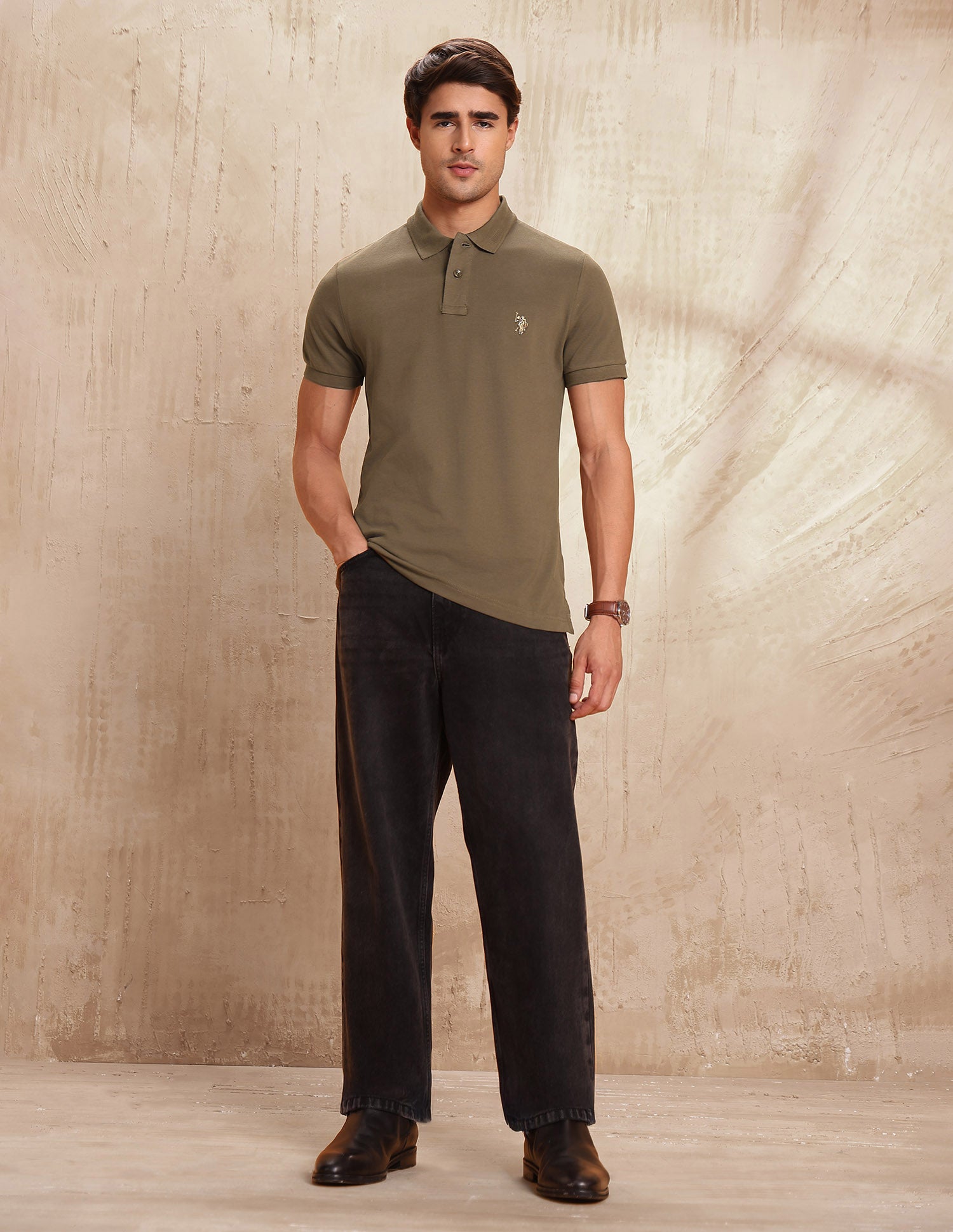 Pure Cotton Brand Printed Polo Shirt Dark Khaki - U.S. POLO ASSN. | Large