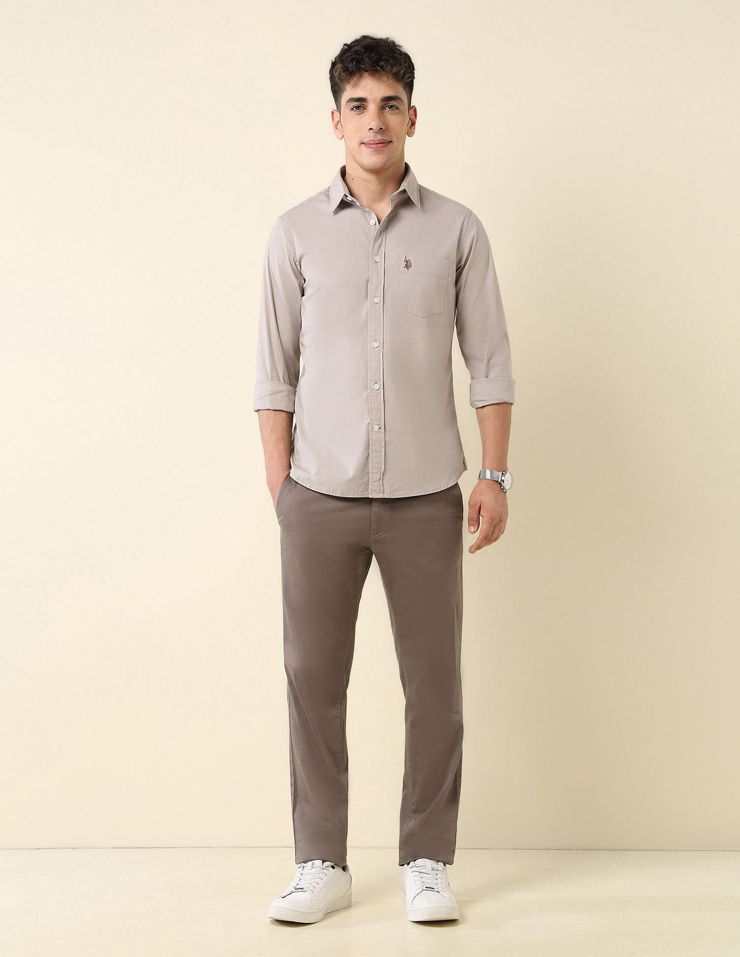 Poplin Solid Stretch Shirt Khaki - U.S. Polo Assn. India | Large