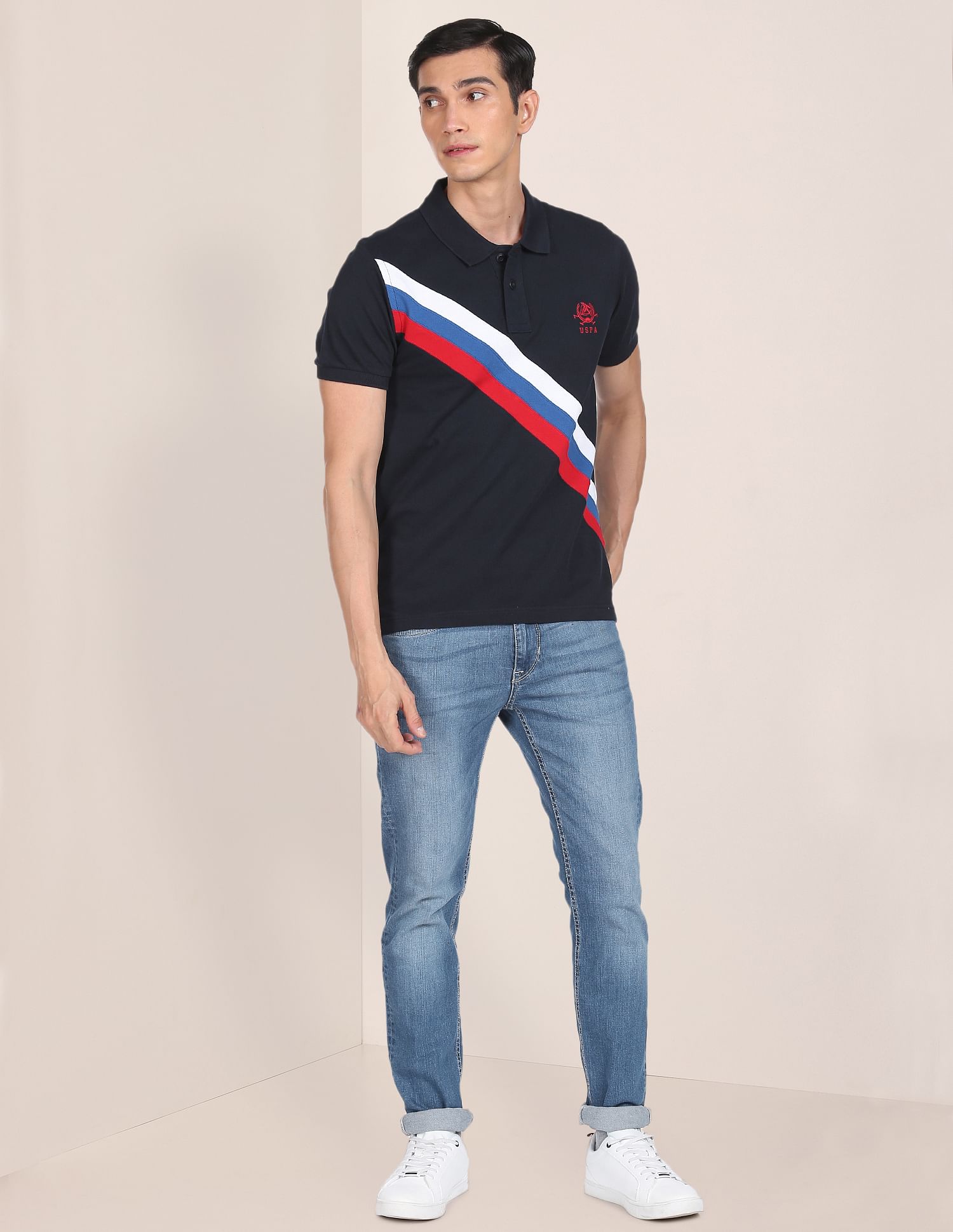 Men Navy Ribbed Collar Striped Polo Shirt Navy - U.S. POLO ASSN. | Large