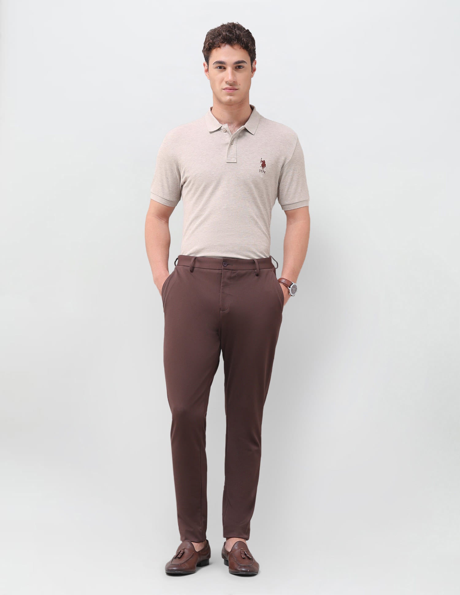 Solid Slim Fit Polo Shirt Beige - U.S. Polo Assn. India | Large