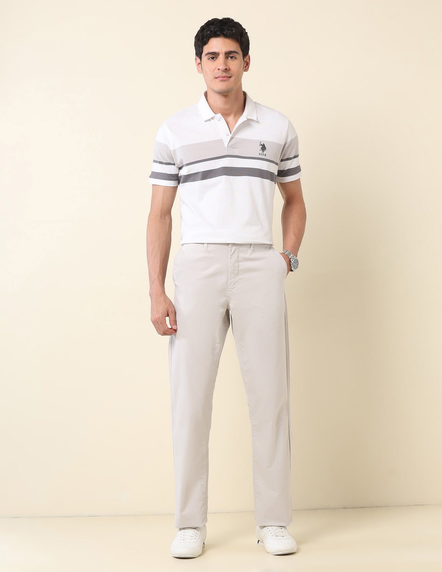 Riley Straight Fit Twill Trousers Light Grey - U.S. POLO ASSN. | Large