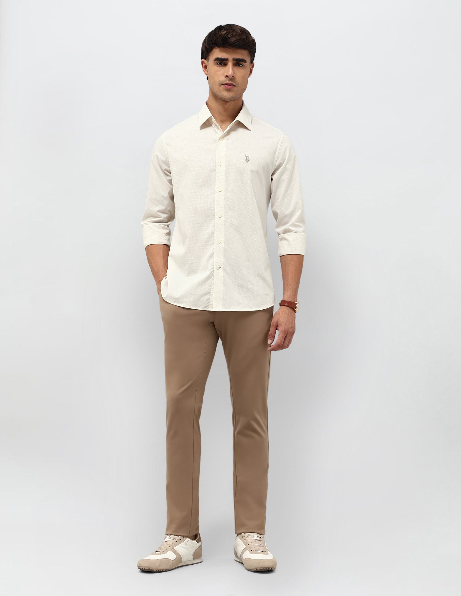 Micro Checked Tailored Fit Shirt Beige - U.S. POLO ASSN. | Large
