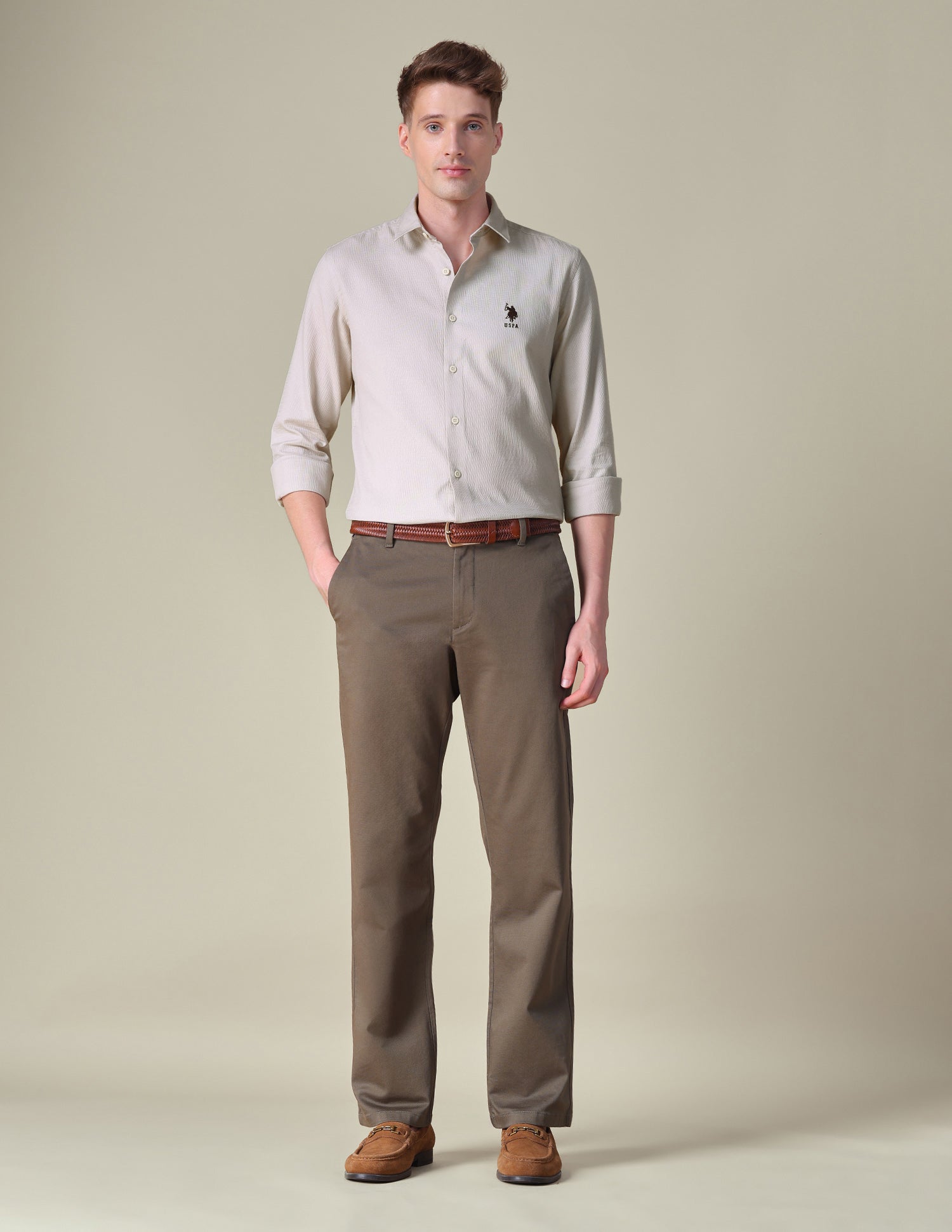 Dobby Regular Fit Shirt Ivory - U.S. POLO ASSN. | Large