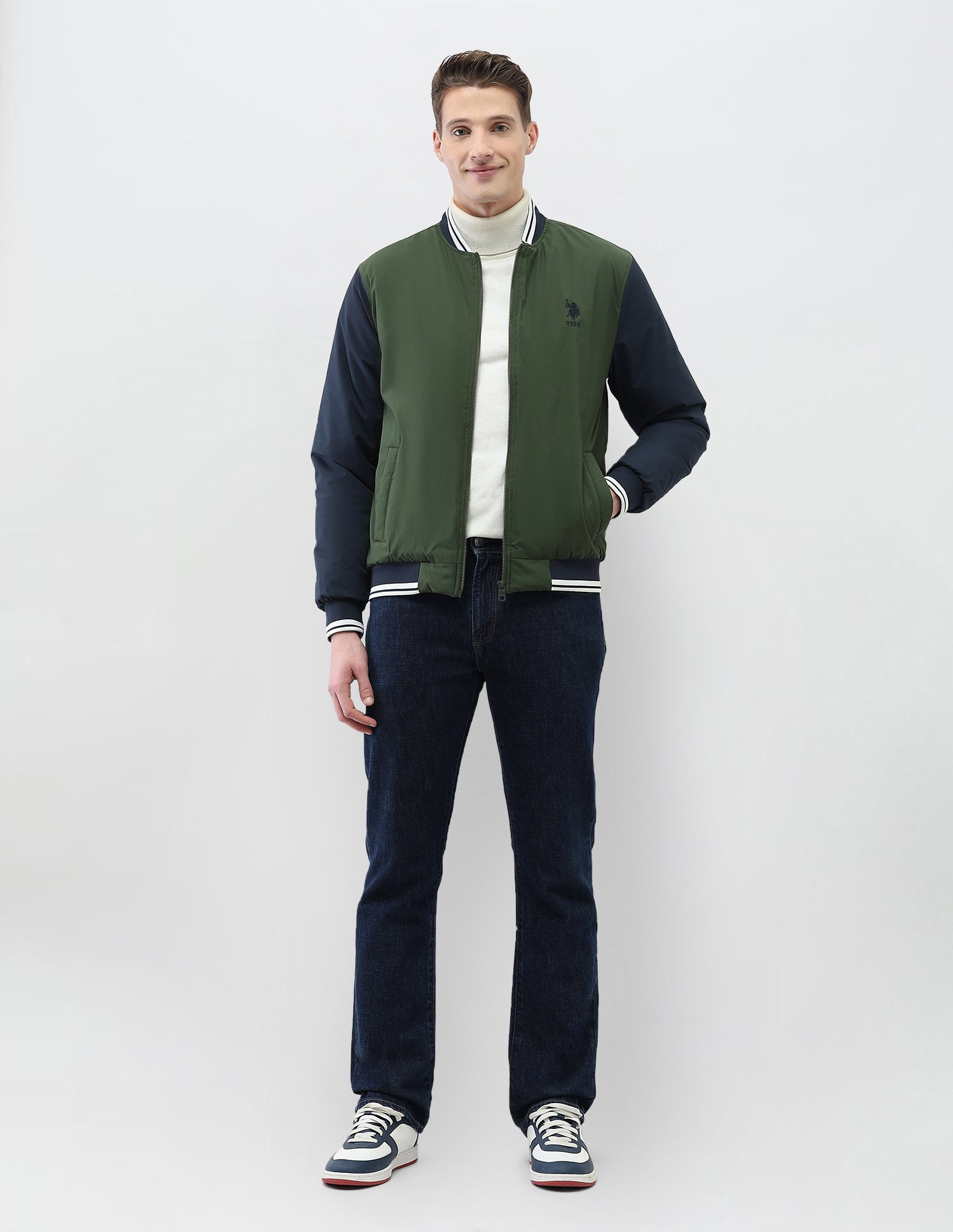 Colour Blocked Regular Fit Varsity Jacket Olive - U.S. Polo Assn. India | Large