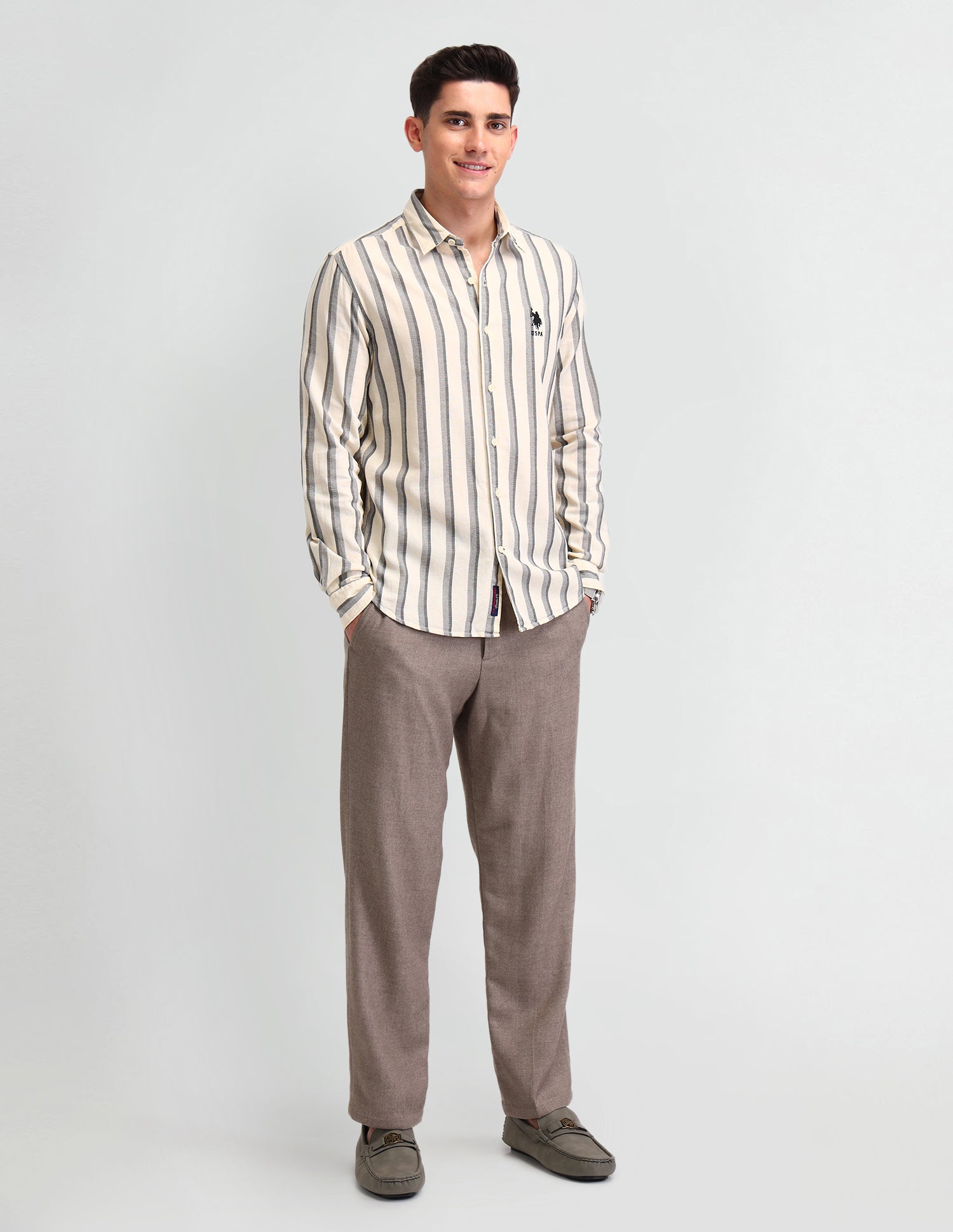 Vertical Striped Slim Fit Shirt Ivory - U.S. Polo Assn. India | Large