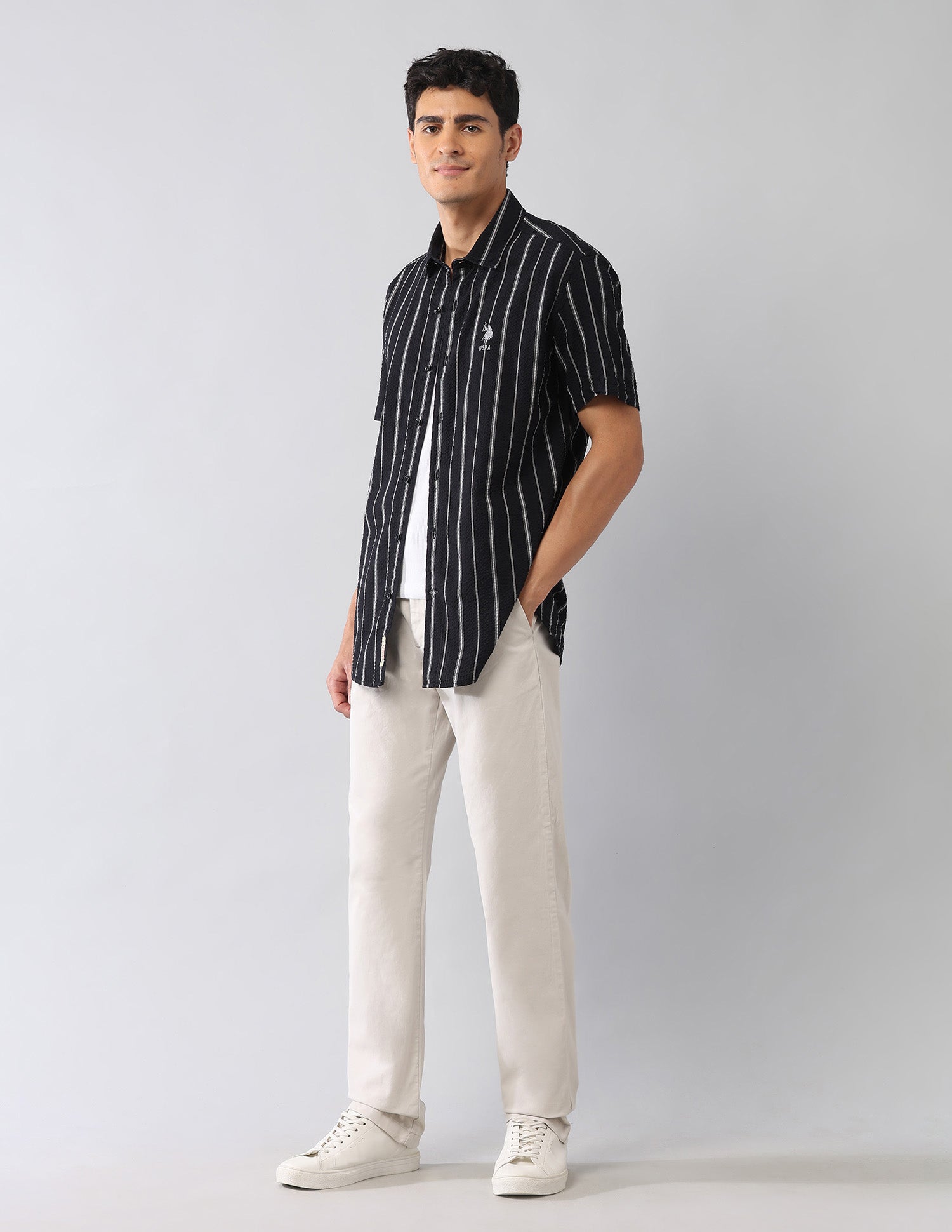Vertical Striped Seersucker Regular Fit Shirt Black - U.S. Polo Assn. India | Large