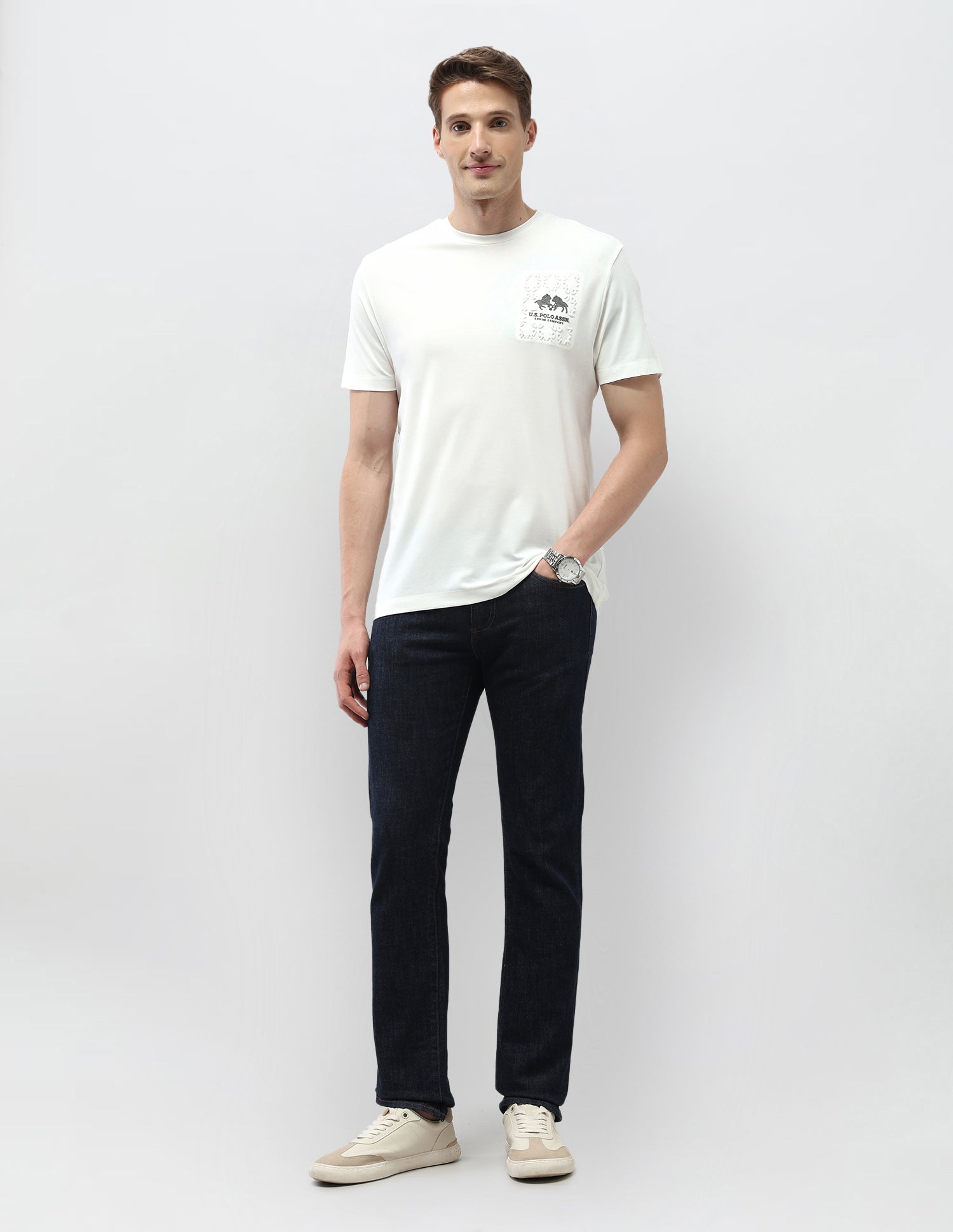 Solid Slim Fit Black & Gold T-Shirt Ivory - U.S. Polo Assn. India | Large