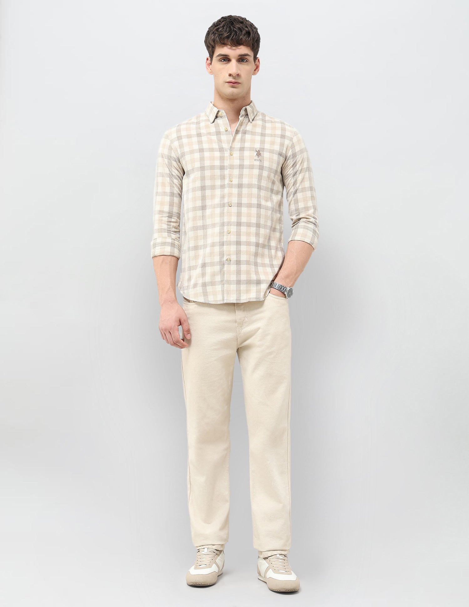 Grid Tattersall Checked Corduroy Shirt Beige - U.S. POLO ASSN. | Large