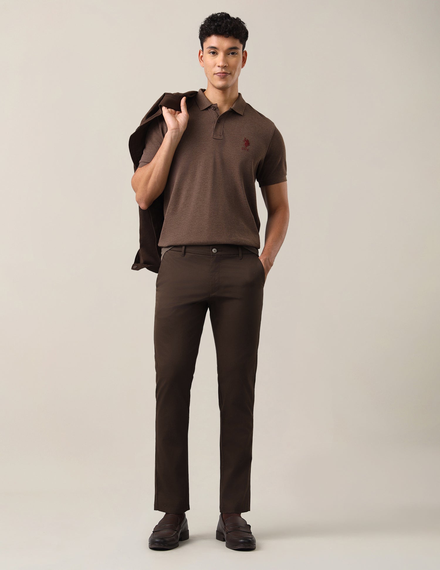 Denver Slim Fit Dobby Trousers Dark Brown - U.S. Polo Assn. India | Large