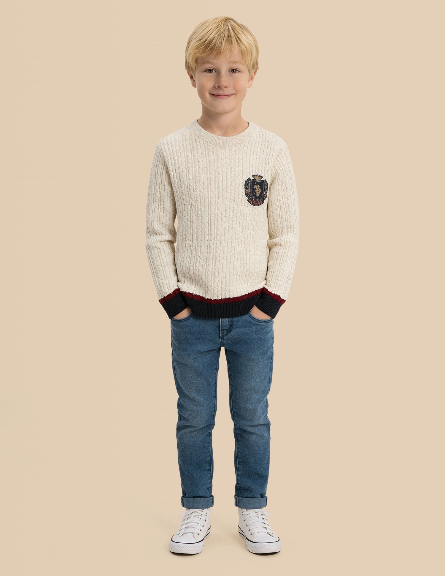 Boys Cable Knit Regular Fit Sweater Off White - U.S. Polo Assn. India | Large