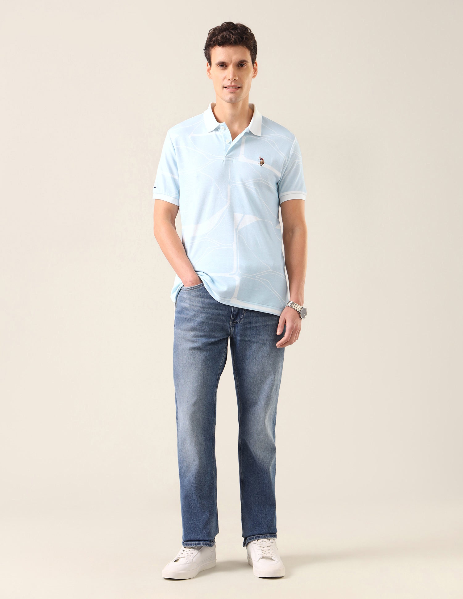 Abstract Printed Slim Fit Polo Shirt Light Blue - U.S. Polo Assn. India | Large