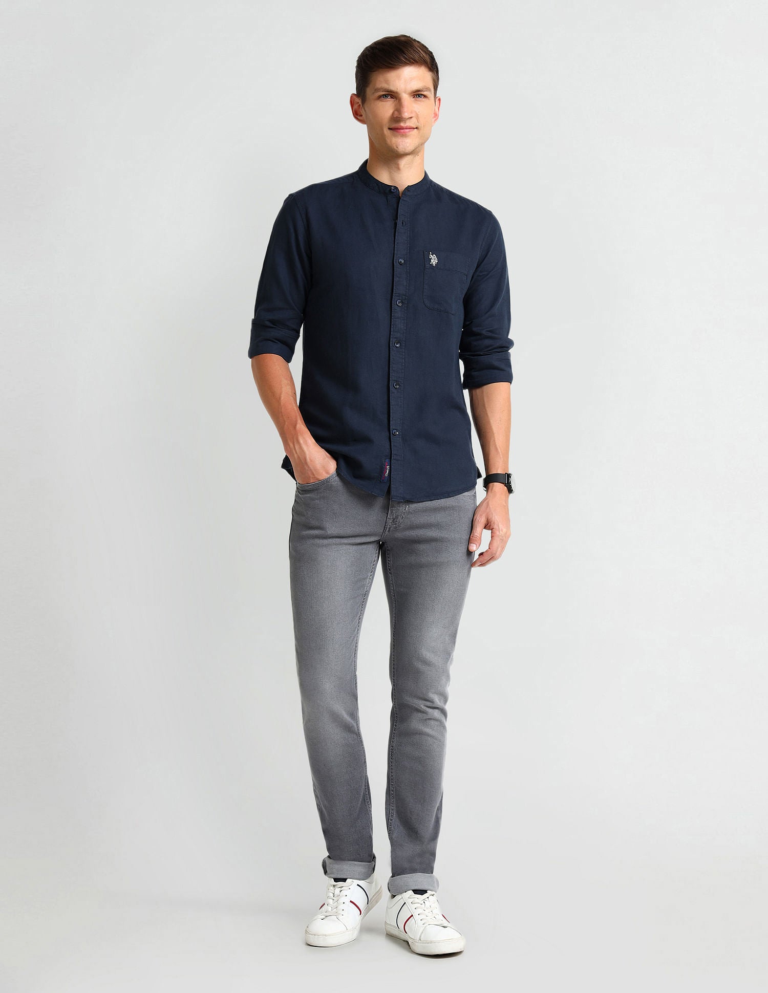 Slim Fit Poplin Linen Shirt Blue - U.S. Polo Assn. India | Large