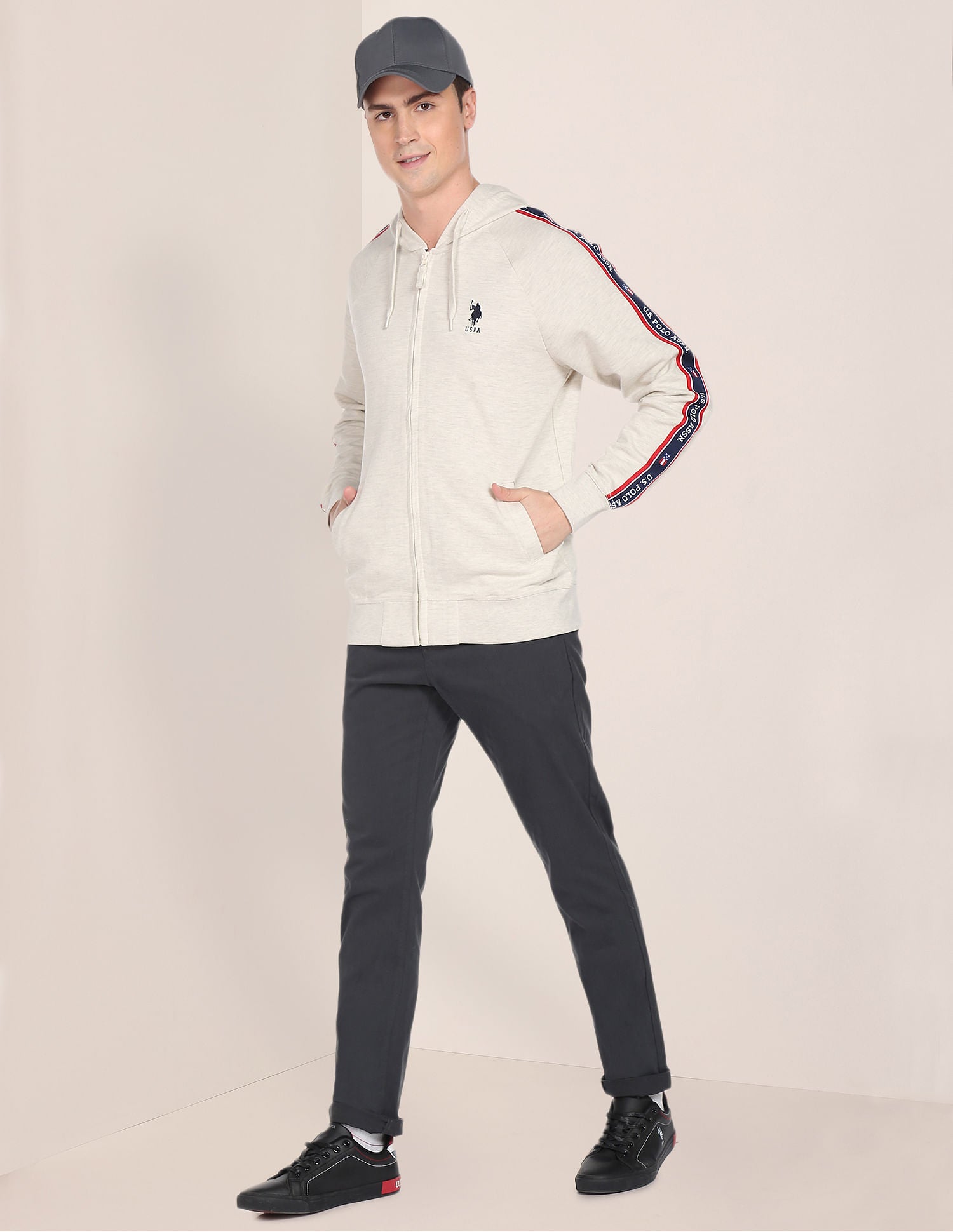 Hooded Zip Up Heathered Sweatshirt Ecru - U.S. POLO ASSN. | Large