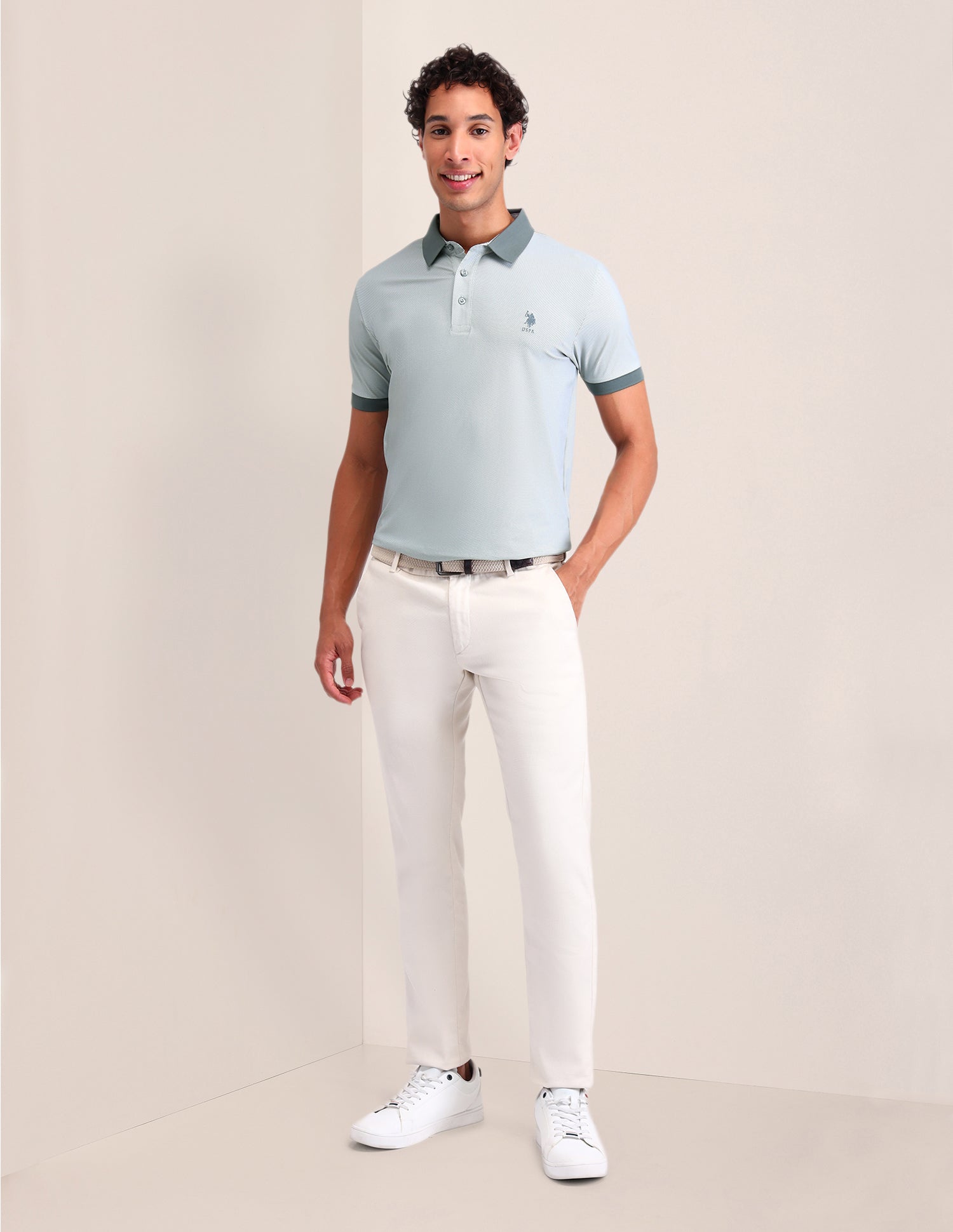 Geometric Printed Slim Fit Polo Shirt Light Olive - U.S. Polo Assn. India | Large