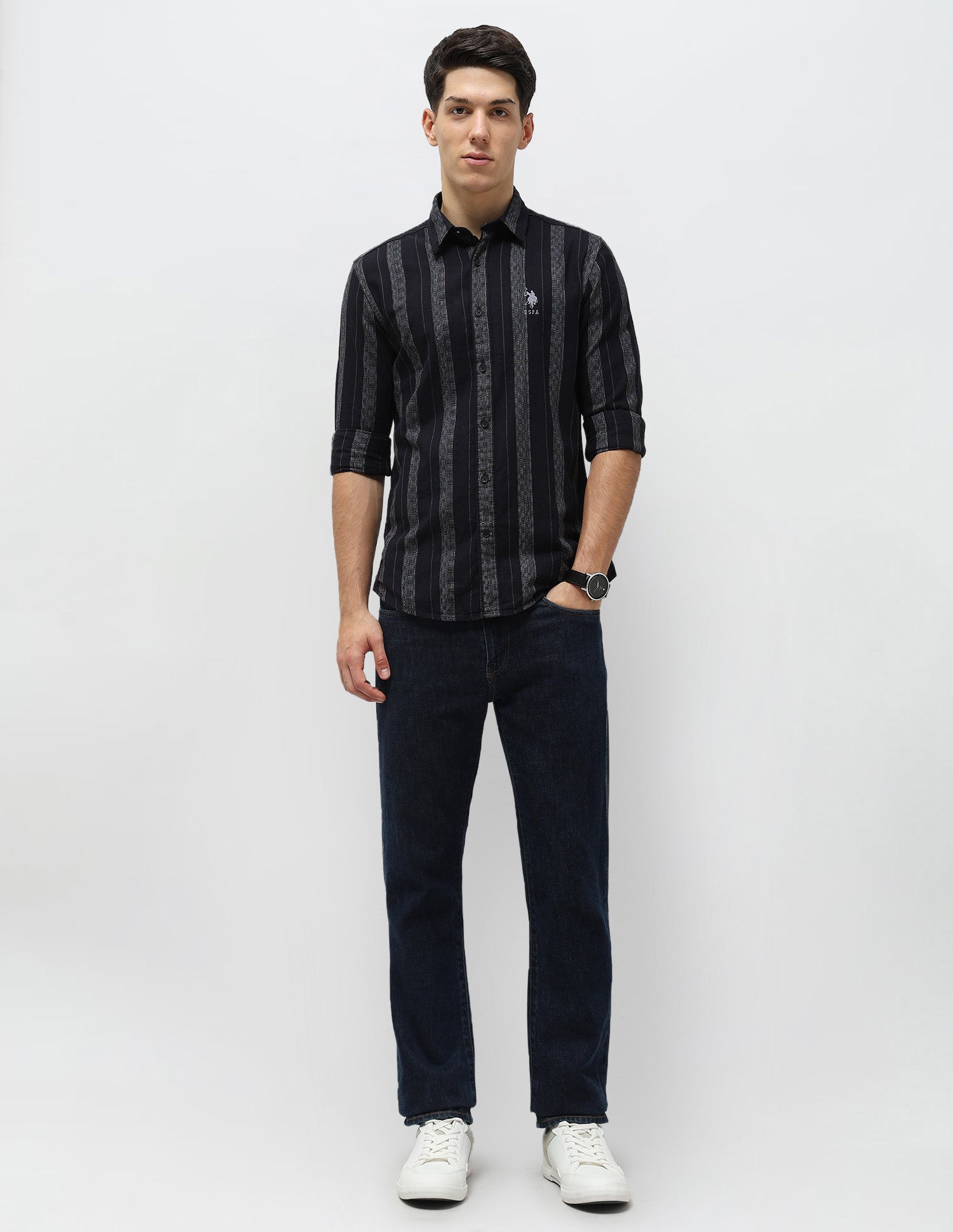 Vertical Striped Self Design Dobby Shirt Dark Navy - U.S. Polo Assn. India | Large