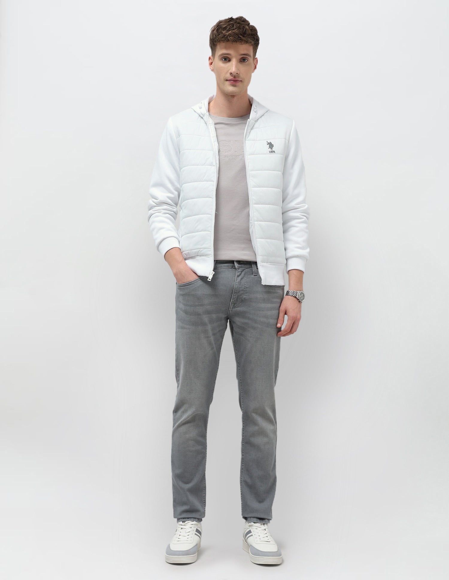 Solid Regular Fit Puffer Jacket Ivory - U.S. POLO ASSN. | Large