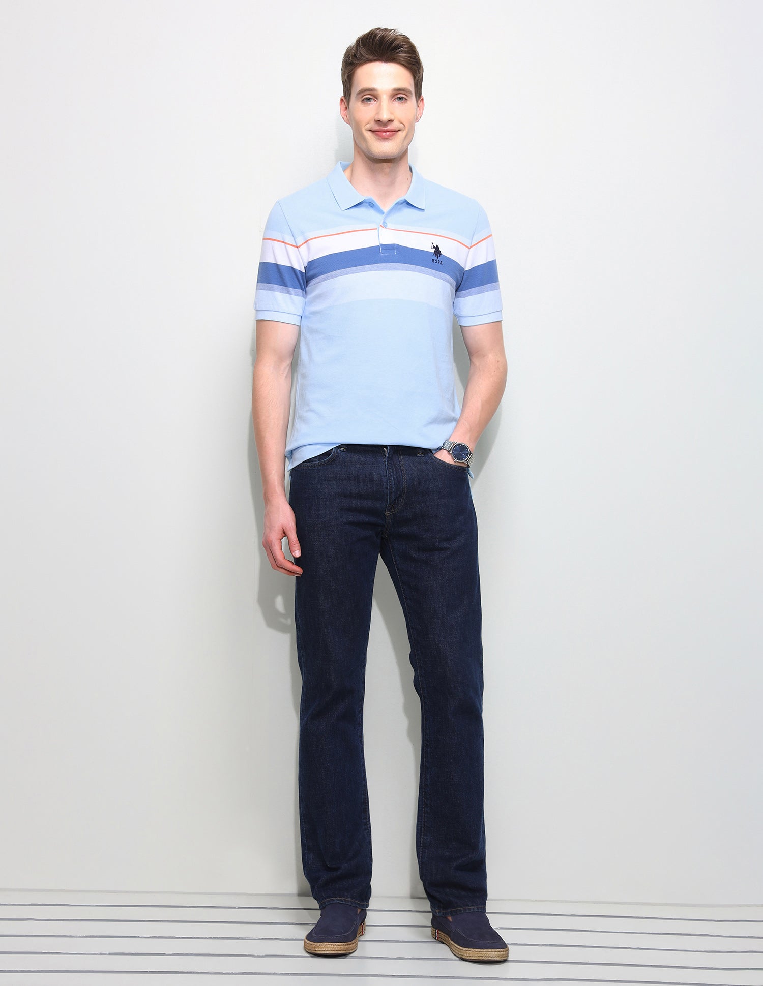 Horizontal Striped Slim Fit Polo Shirt Light Blue - U.S. Polo Assn. India | Large