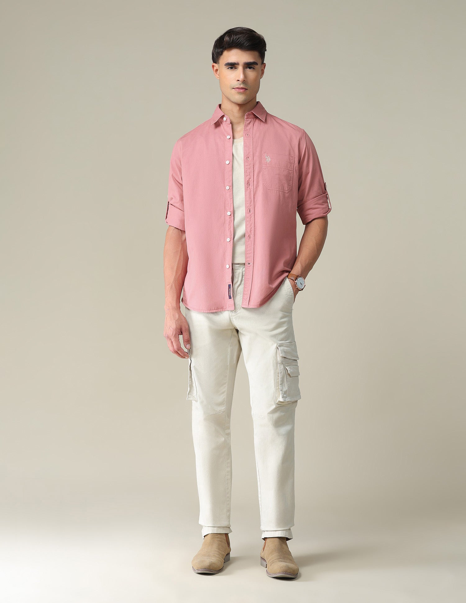 Solid Twill Convertible Sleeve Casual Shirt Dusty Pink - U.S. POLO ASSN. | Large