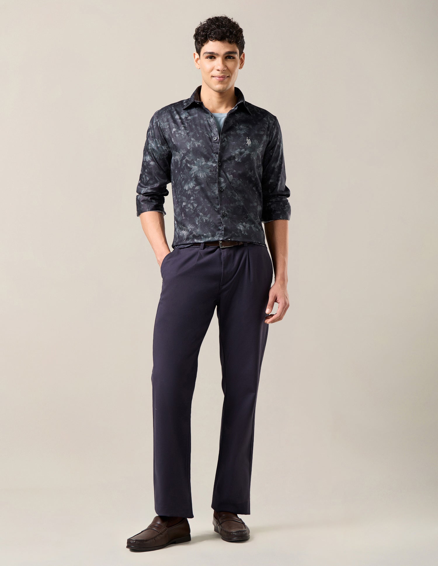 Floral Printed Satin Shirt Blue - U.S. Polo Assn. India | Large