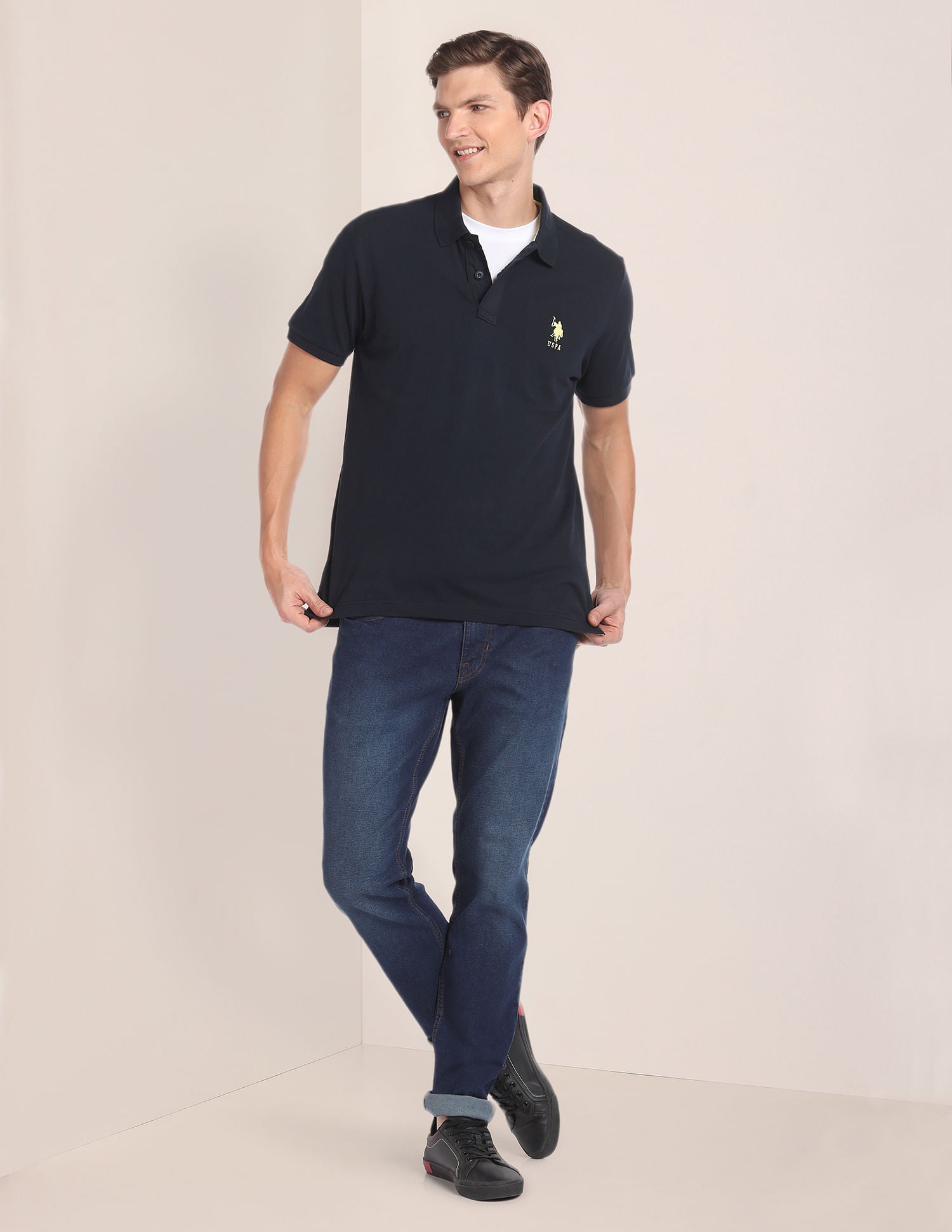 Men Navy Blue Pique Solid Polo Shirt Navy - U.S. Polo Assn. India | Large