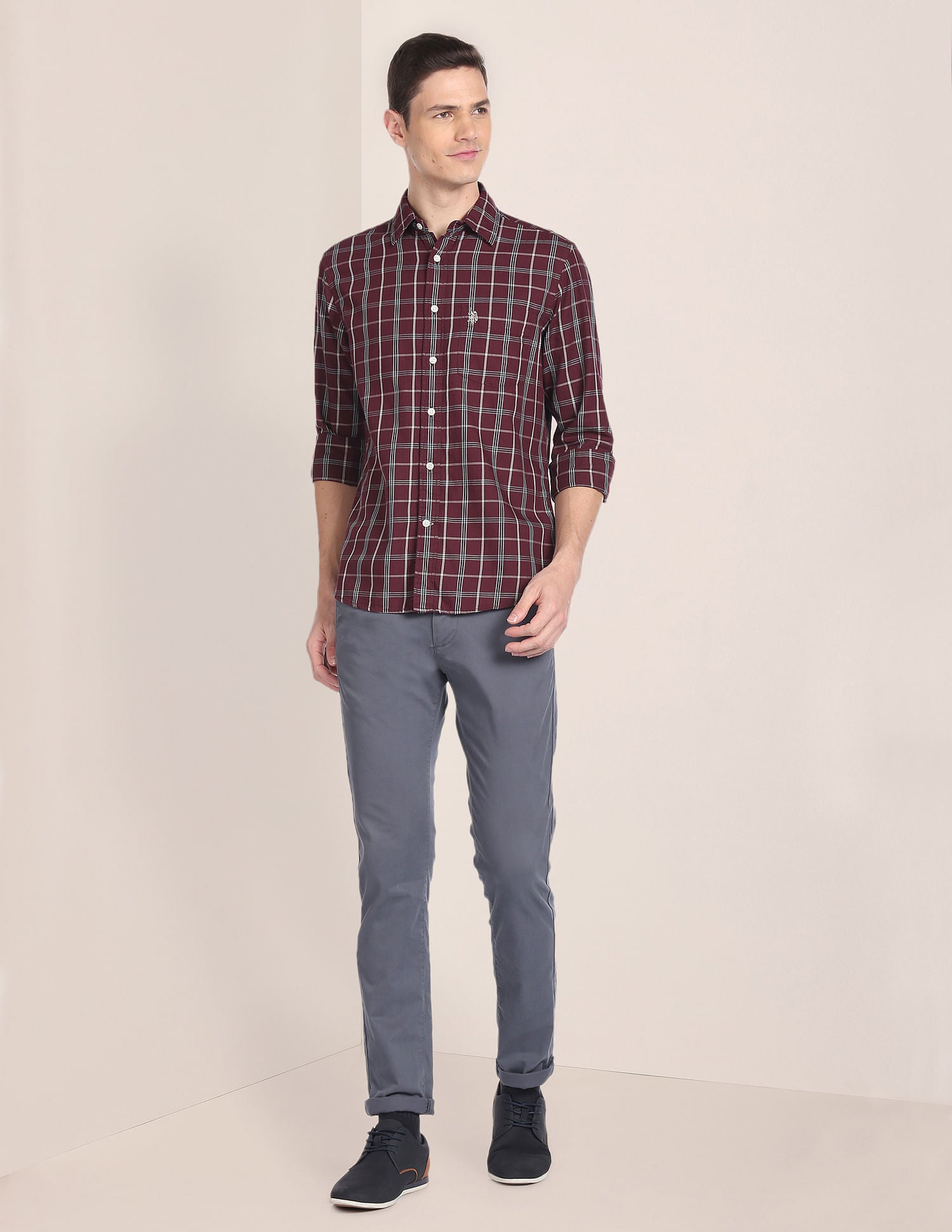 Spread Collar Tartan Check Shirt Maroon - U.S. Polo Assn. India | Large