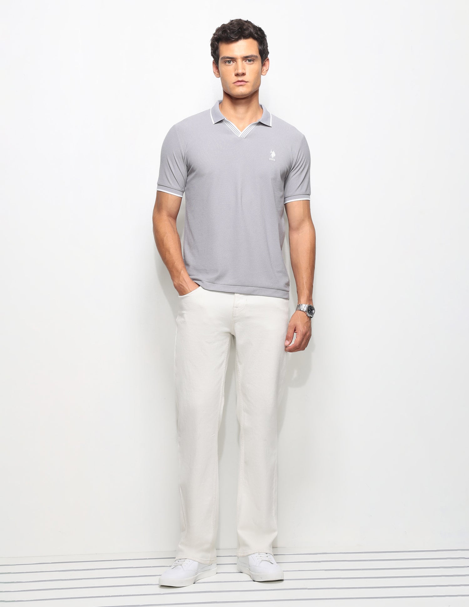 Textured Slim Fit Polo Shirt Light Grey - U.S. Polo Assn. India | Large