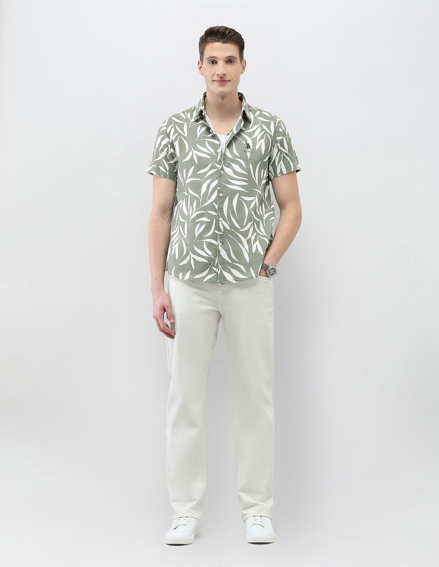 Tropical Printed Motel On The Coast Shirt Light Green - U.S. Polo Assn. India | Large
