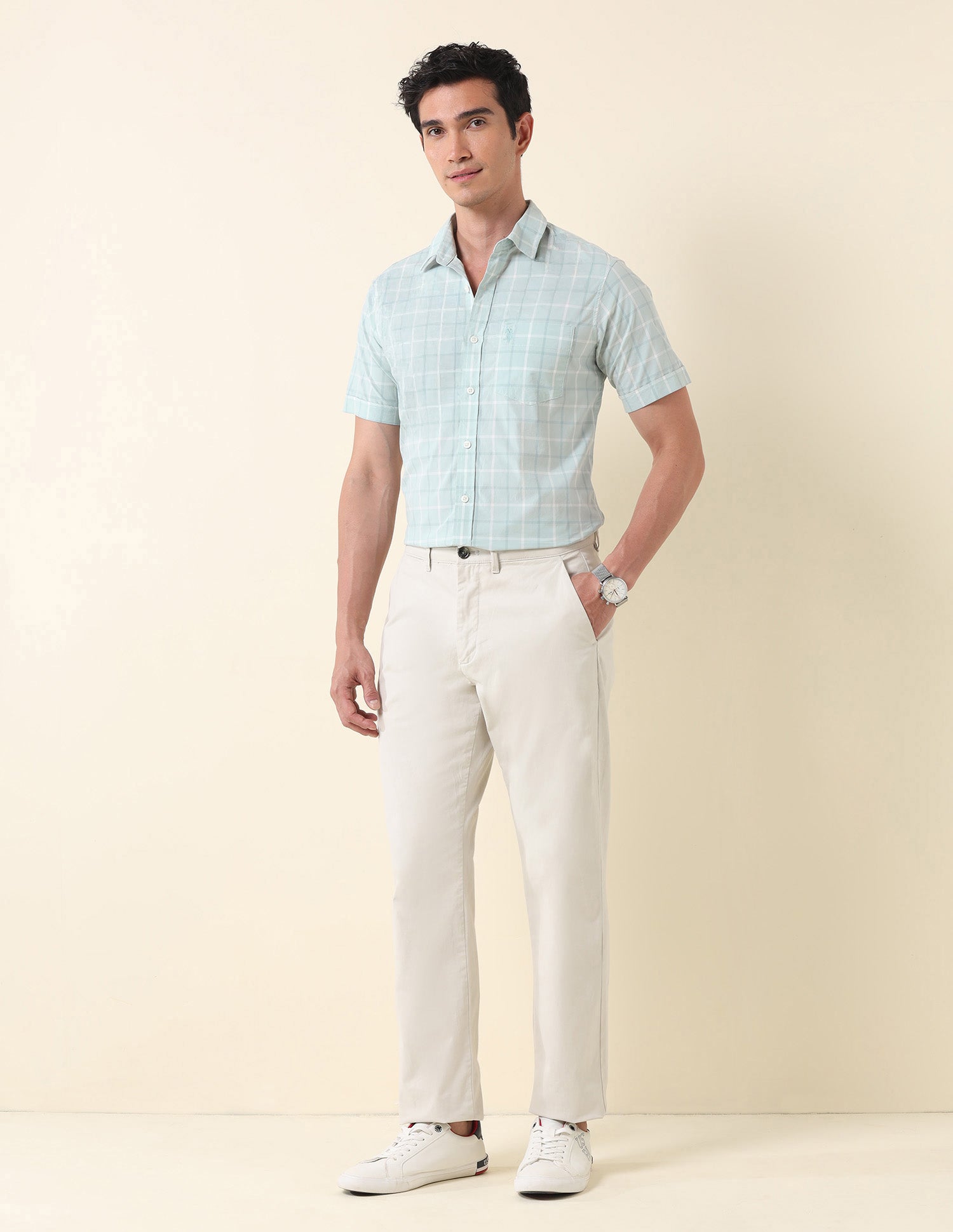 Pure Cotton Grid Tattersall Checked Shirt Light Green - U.S. Polo Assn. India | Large