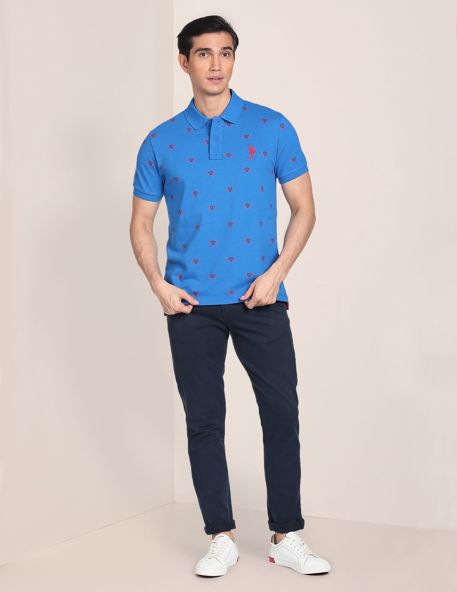 All Over Branding Cotton Polo Shirt Blue - U.S. Polo Assn. India | Large
