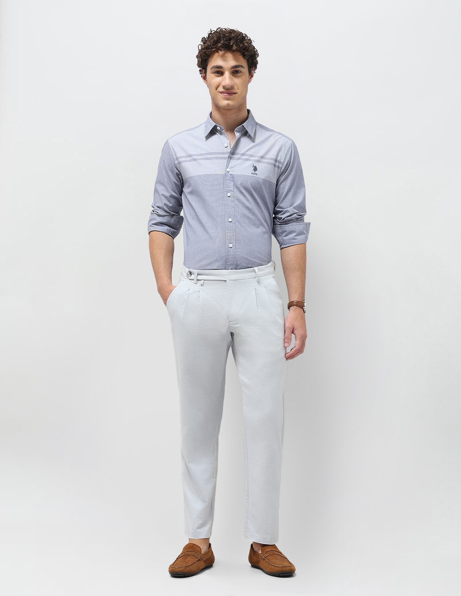 Solid Stripe Detail Regular Fit Shirt Blue - U.S. Polo Assn. India | Large