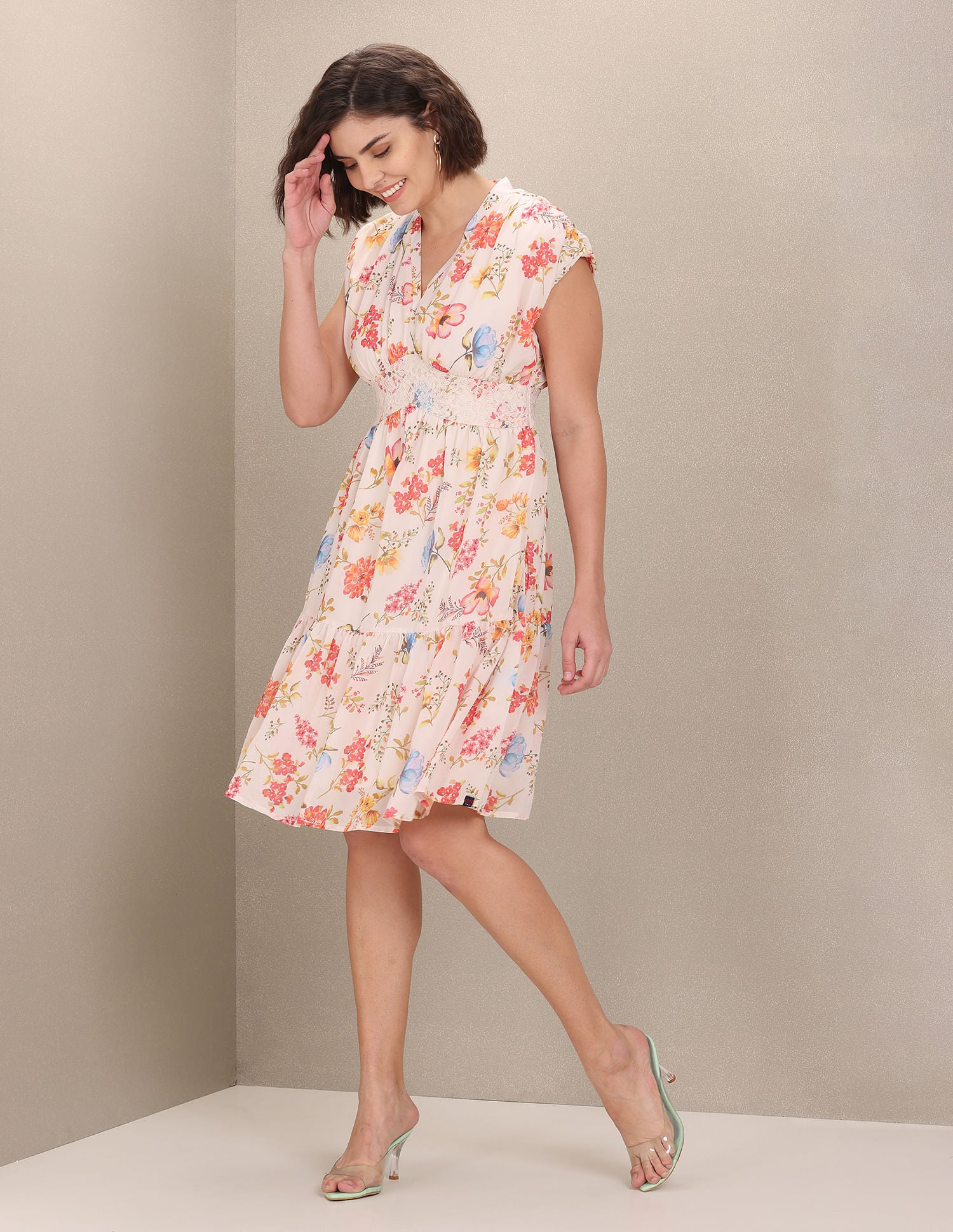 Lace Floral Print Empire Waist Dress Ecru - U.S. POLO ASSN. | Large