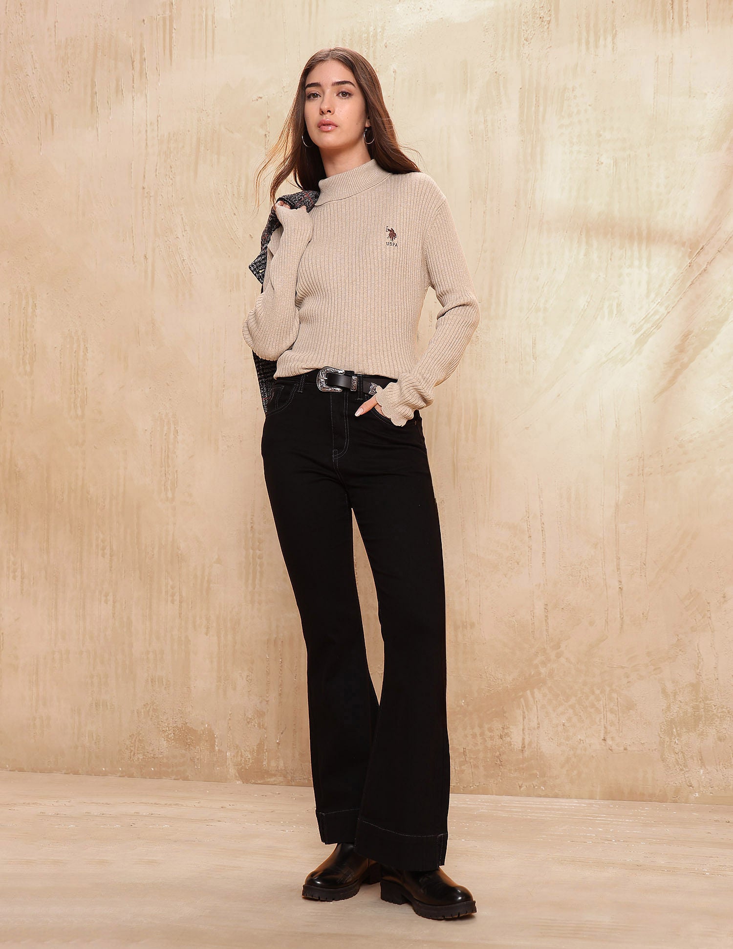 Ribbed Turtle Neck Sweater Ecru - U.S. POLO ASSN. | Large