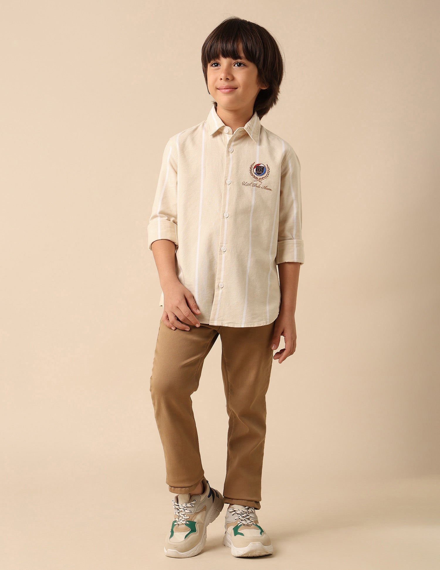 Boys Vertical Striped Oxford Shirt Beige - U.S. POLO ASSN. | Large