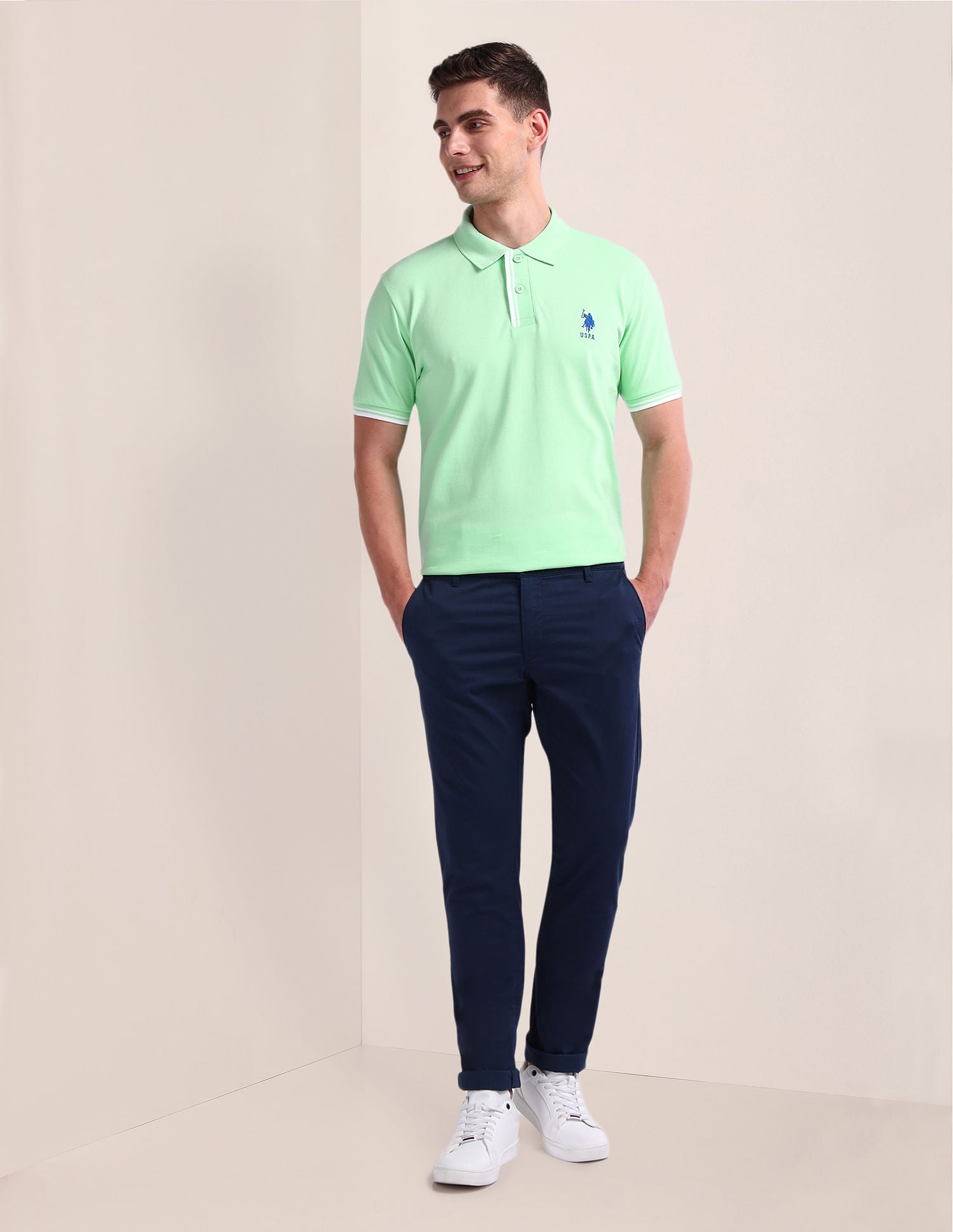 Pure Cotton Solid Polo Shirt Light Green - U.S. Polo Assn. India | Large
