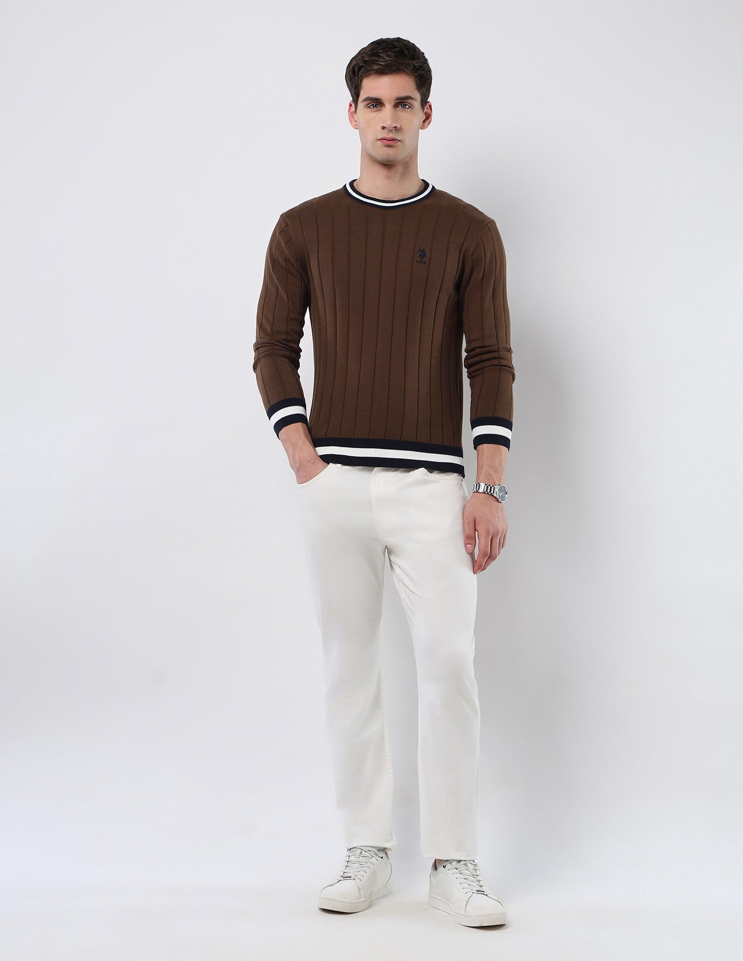 Vertical Striped Patterned Knit Sweater Brown - U.S. POLO ASSN. | Large
