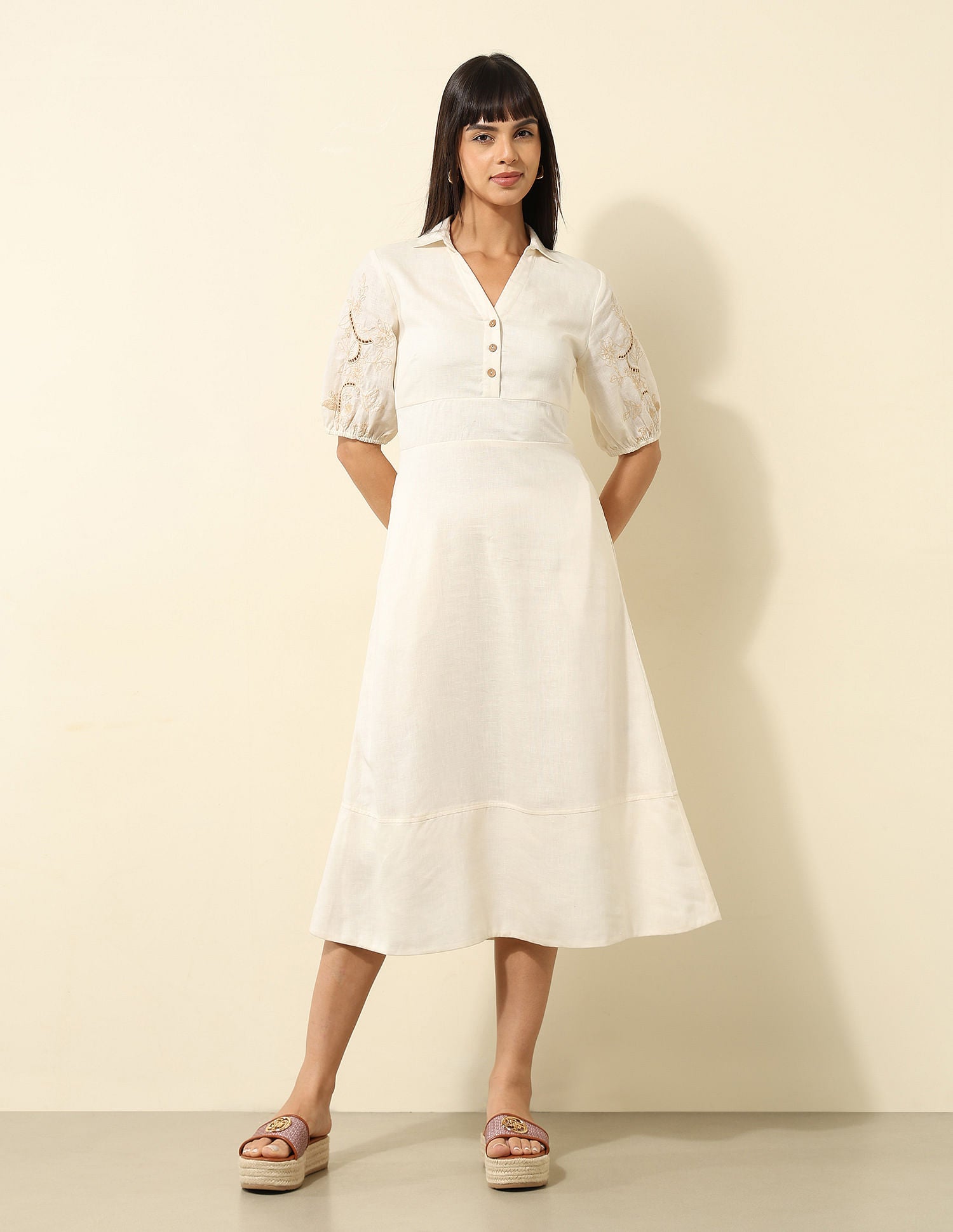 Viscose Linen A-Line Midi Dress Ecru - U.S. Polo Assn. India | Large