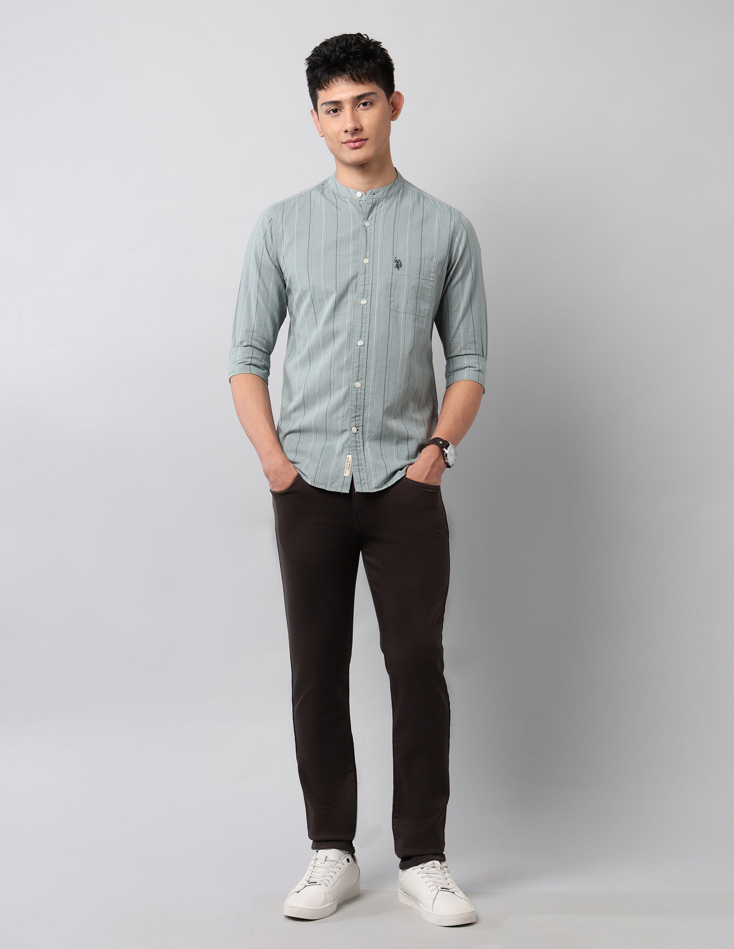 Pure Cotton Vertical Striped Mandarin Shirt Green - U.S. Polo Assn. India | Large