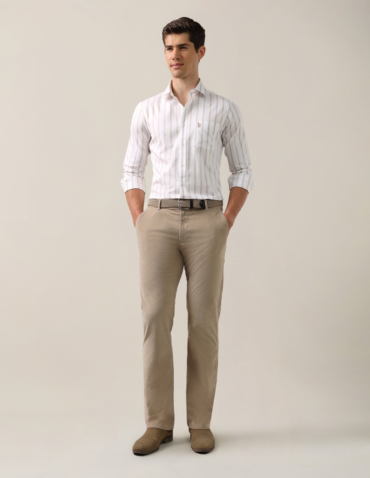 Vertical Striped Tailored Fit Shirt Beige - U.S. Polo Assn. India | Large