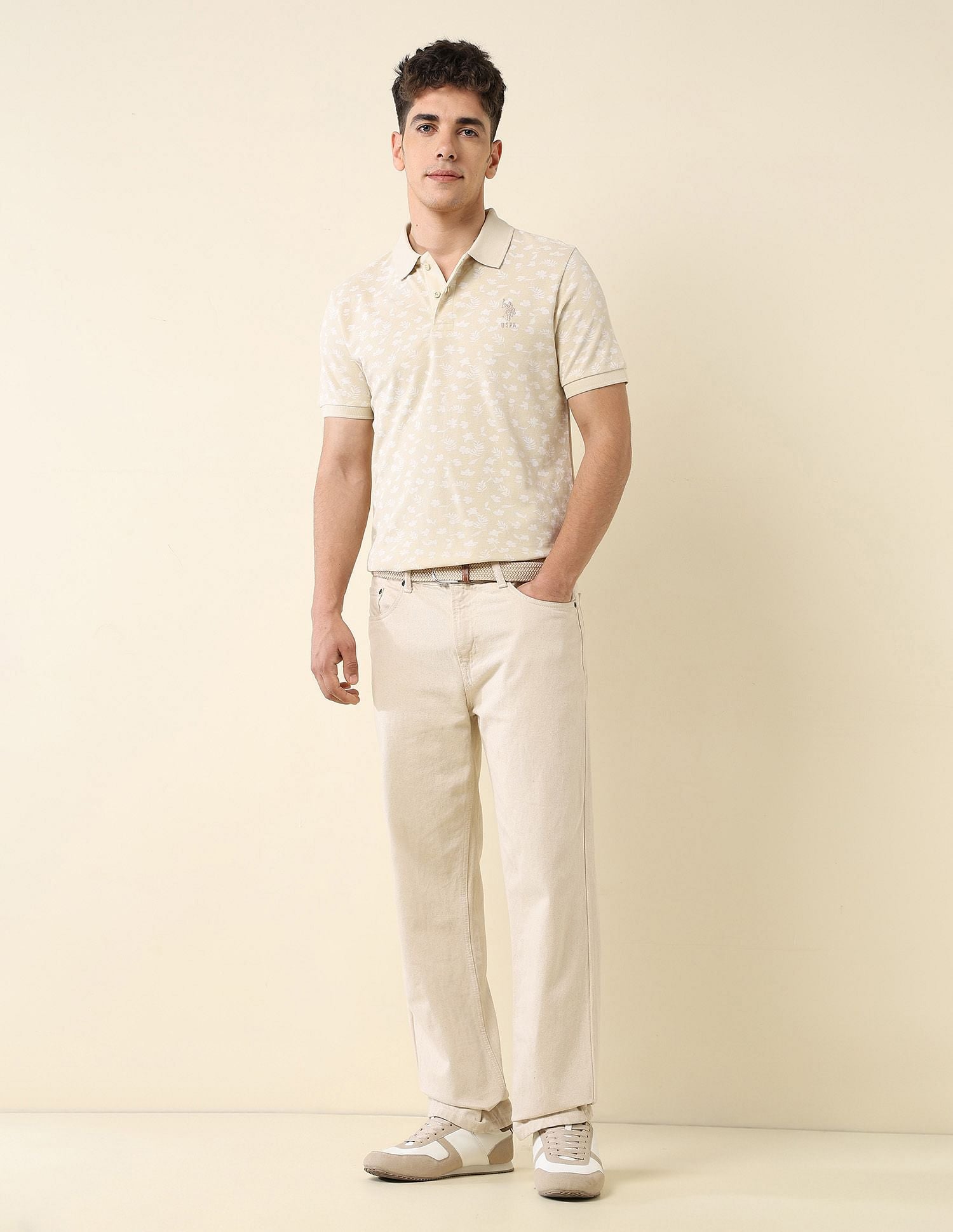 All-Over Printed Slim Fit Polo Shirt Beige - U.S. Polo Assn. India | Large