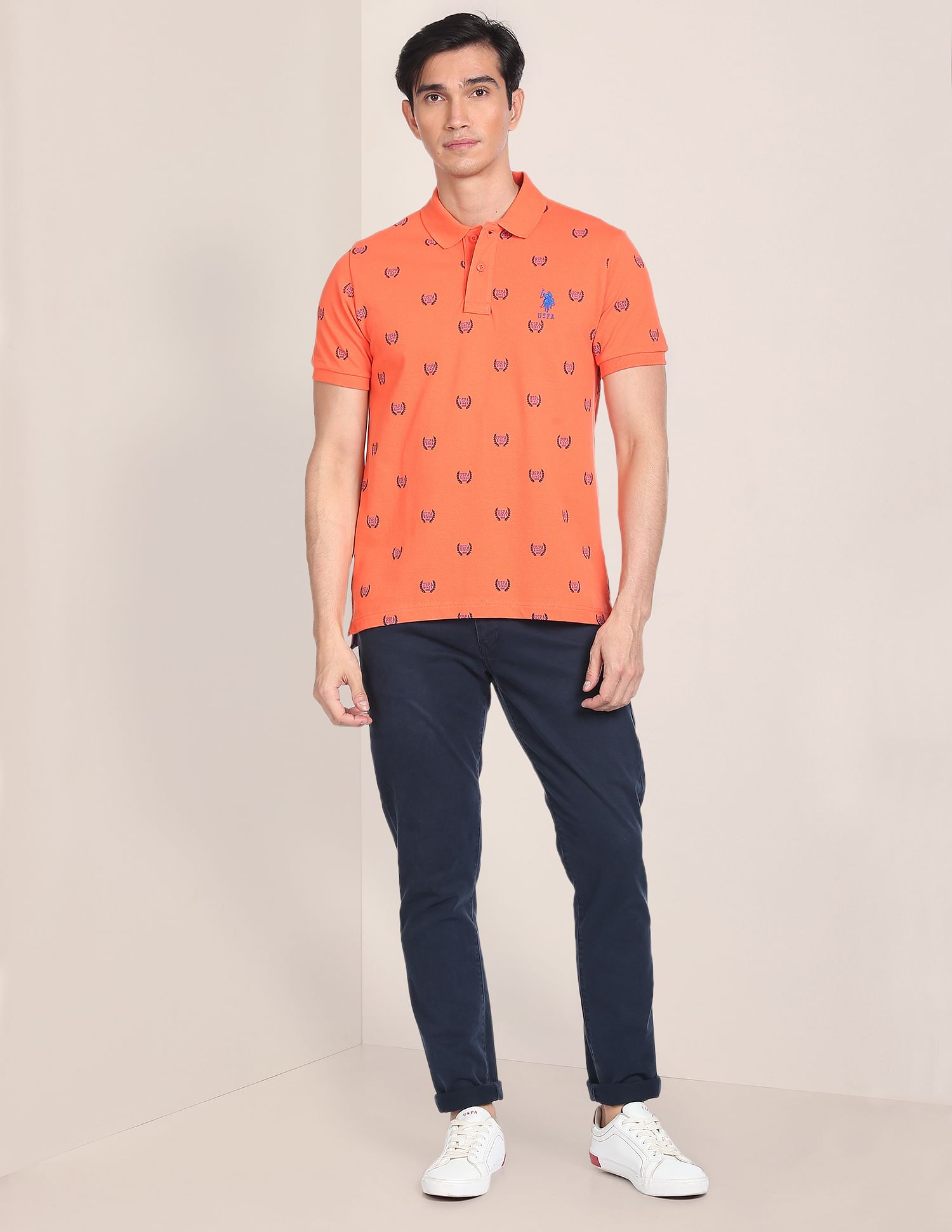 All Over Branding Cotton Polo Shirt Orange - U.S. Polo Assn. India | Large