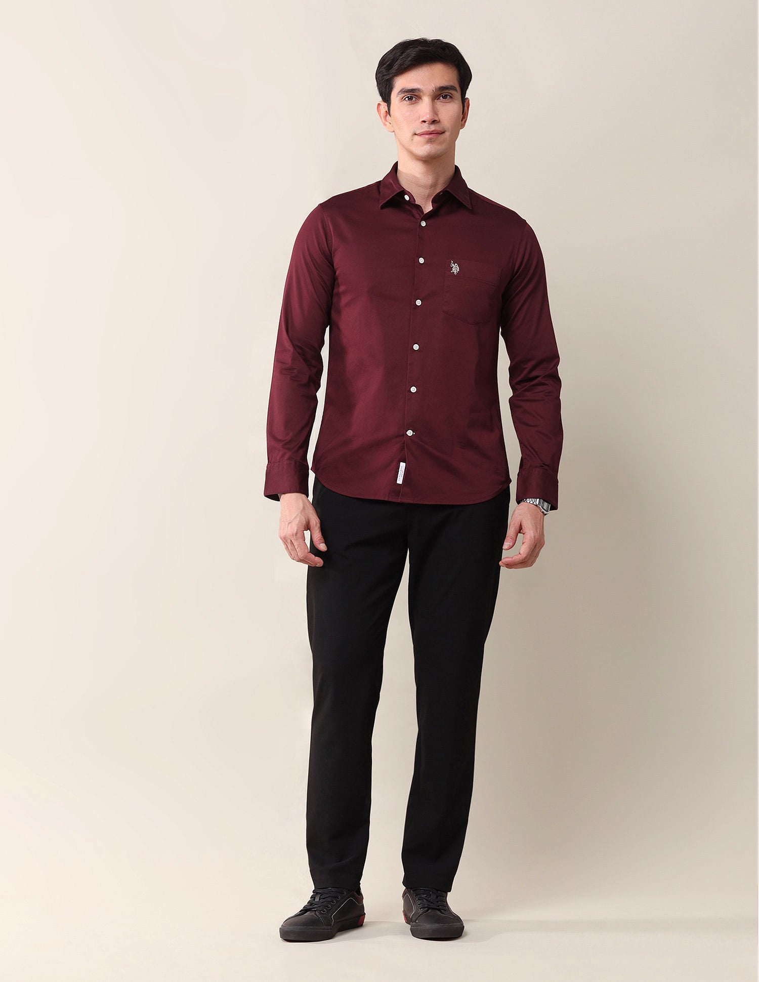 Tailored Fit Twill Solid Shirt Maroon - U.S. Polo Assn. India | Large