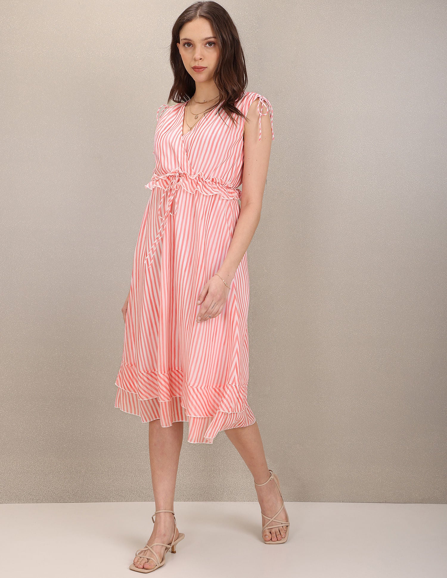V-Neck Striped Midi Dress Peach and White - U.S. Polo Assn. India | Large